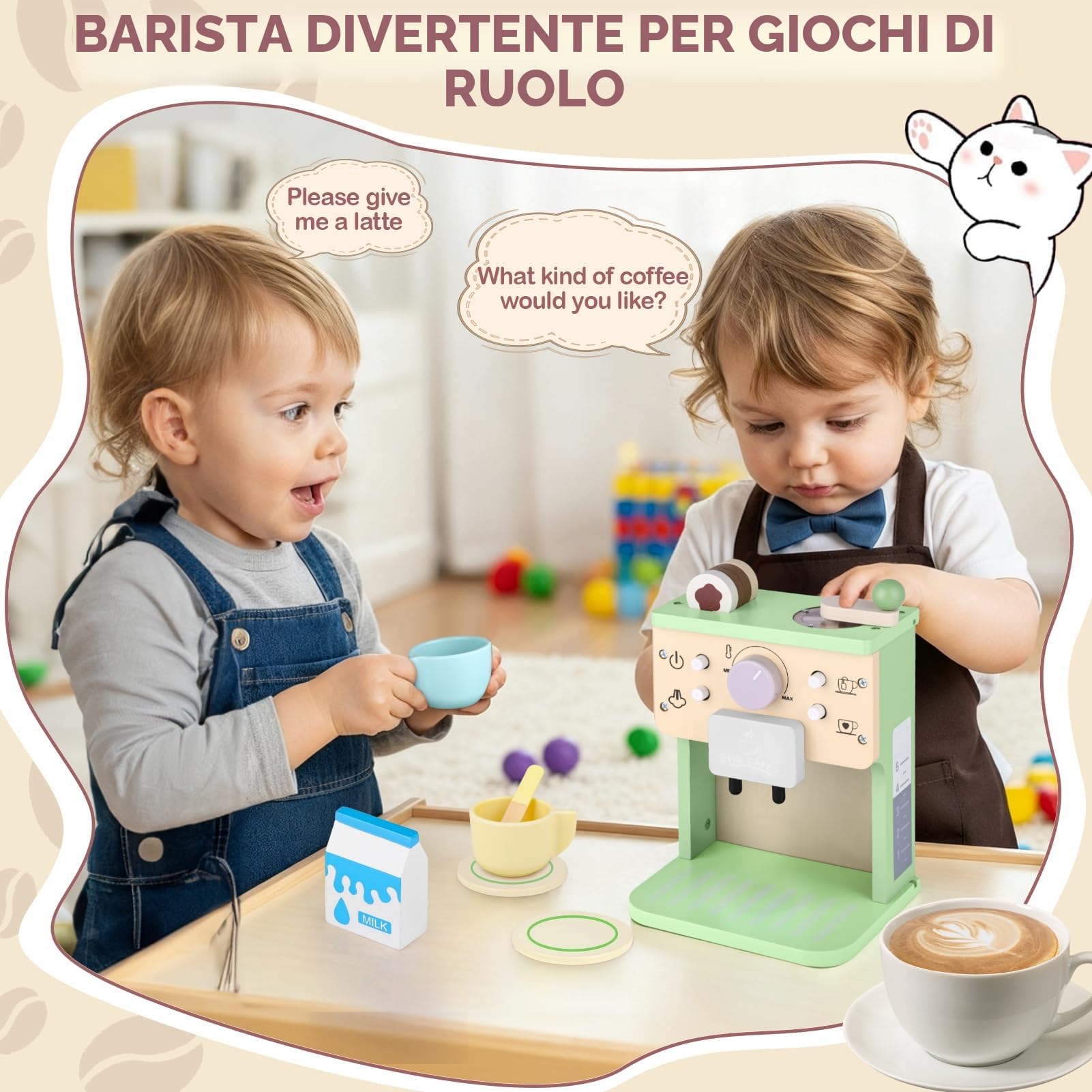 Macchina Caffè Giocattolo Teoryieer, Macchina da Caffè in Legno per Bambini , Set Cibo Finto Giocattolo per Cucina Bambini, Regali per Compleanni,Halloween,Natale per bambini dai 3/4/5 anni in su