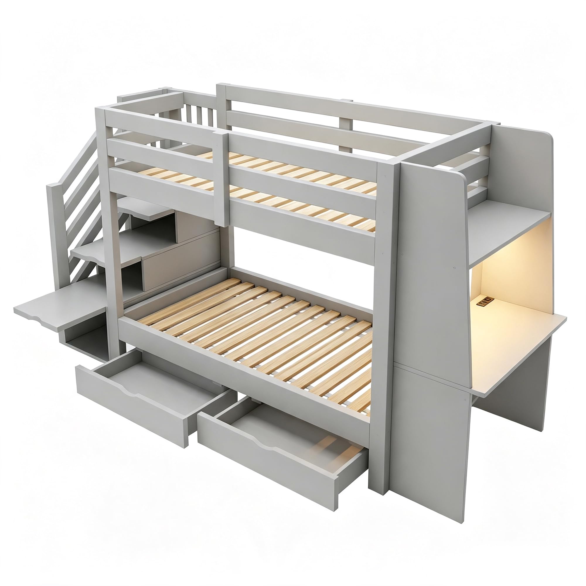 Etagenbett für Kinder, 90 x 200 cm, Holzrahmen mit Leiter, integriertem Schreibtisch und Schubladen, geeignet für Jugendliche und Erwachsene, Grau