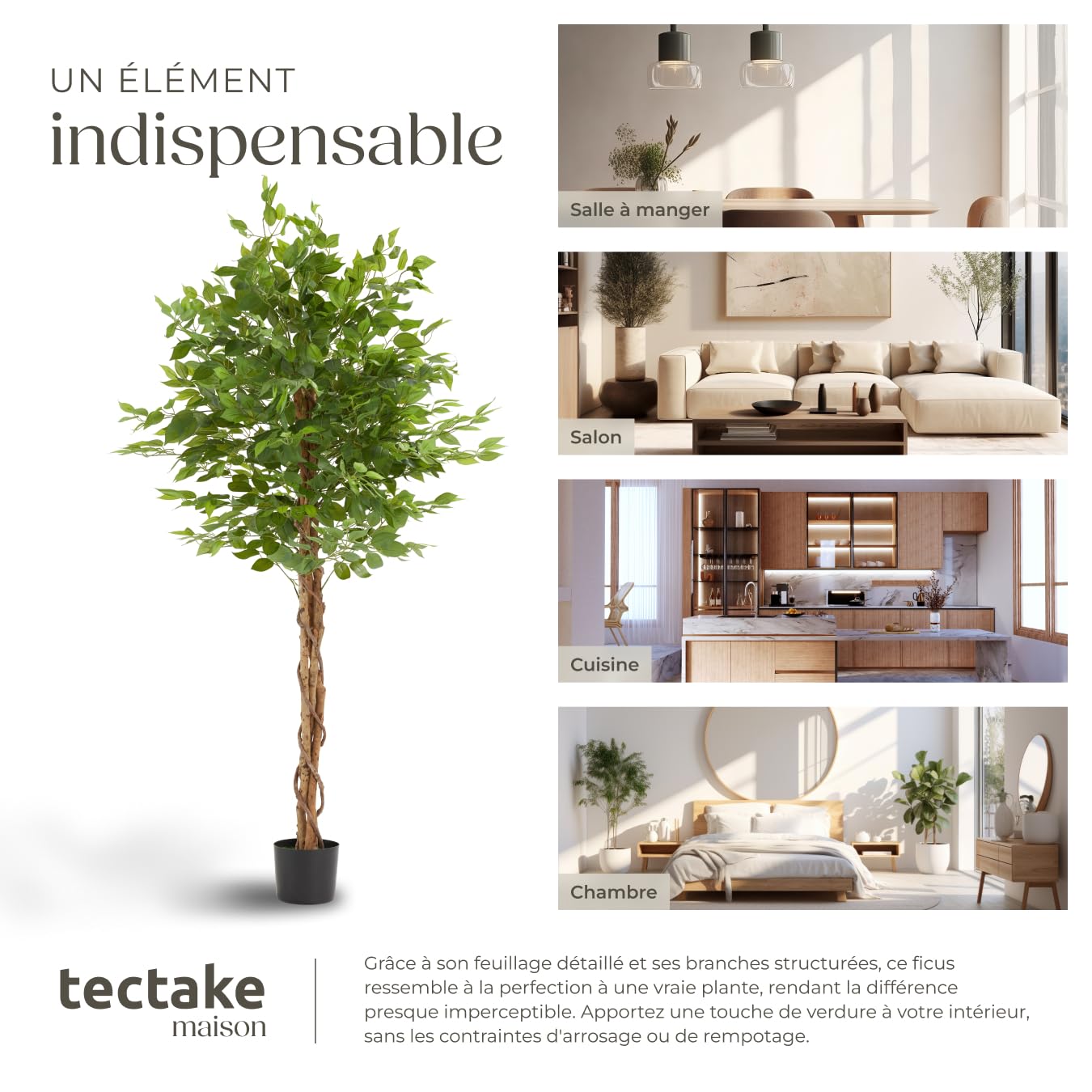 tectake® Plante Artificielle Ficus Artificiel 180cm Fausse Plante Interieur Arbre Vert Arbre Artificiel Décoration Maison idéal pour Décoration Salon Chambre Cuisine Dressing Chambre Enfant Bureau
