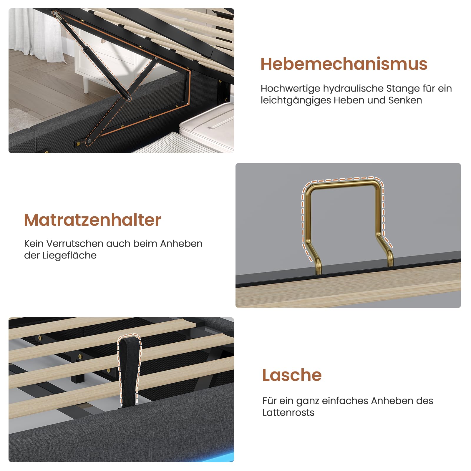 AOGLLATI Bett 140x200 mit Hydraulischem Stauraum, Polsterbett Doppelbett mit LED-Kopfteil & Ladestation (3 USB + 1 Type-C), Jugendbett mit Lattenrost,Boxspringbett, Dunkelgrau Leinen(ohne Matratze)