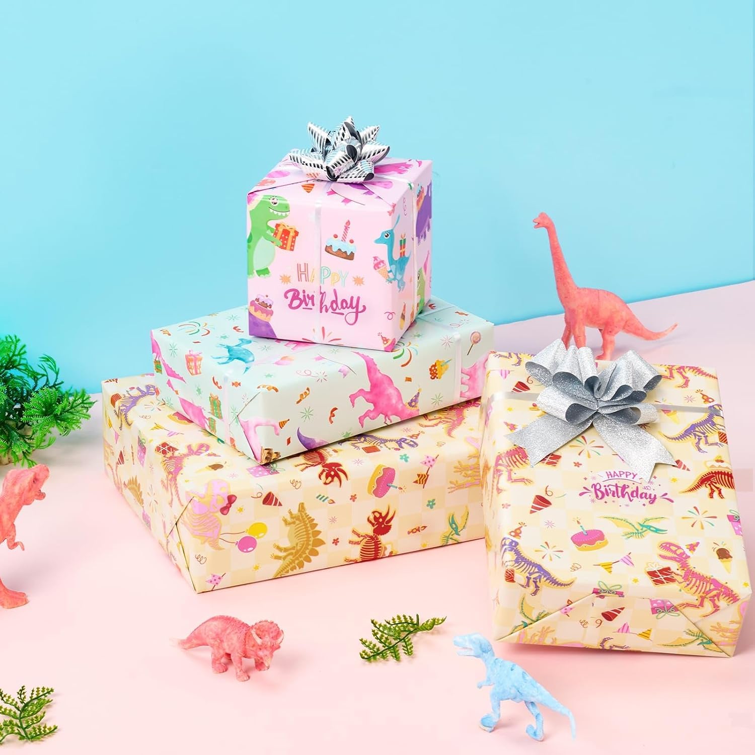 WERNNSAI Dinosaur Happy Birthday Wrapping Paper Girl, 3 Rolls x 10ft Dino image 3