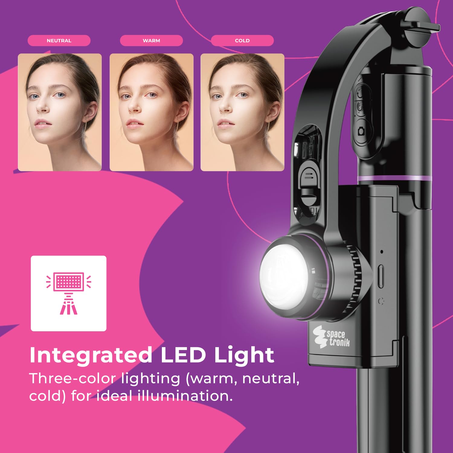 Spacetronik Bastone Selfie Treppiede, 4 in 1 Selfie Stick con Stabilizzatore Gimbal, Luce LED Regolabile e Telecomando Bluetooth, Supporto Rotante a 360°, Portatile e Universale per iPhone, Android