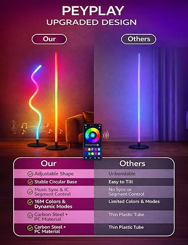 Miniatura 8 de Lámpara de pie LED RGB, forma ajustable inteligente, sincronización de música, 16 millones de colores, control remoto y aplicación, luz de pie