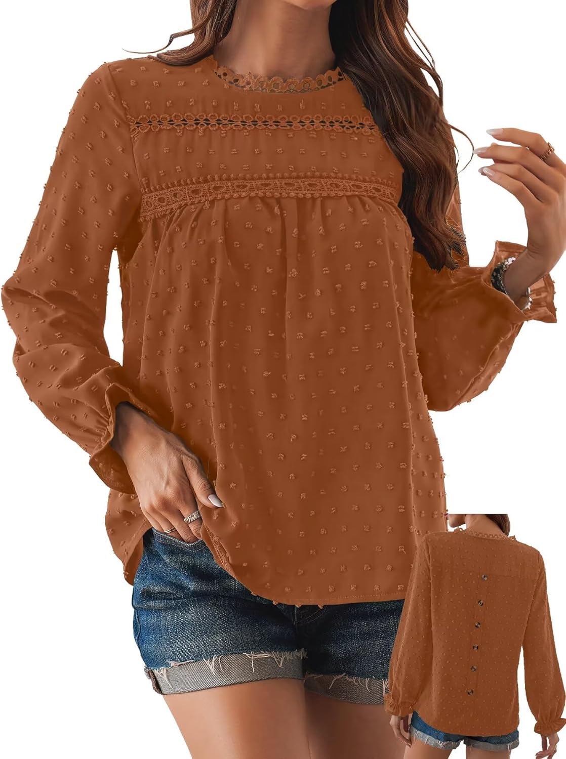 Womens Boho Tops Long Sleeve Shirts For Women Cute Crewneck Blouse Dressy Casual Swiss Dot Crochet Hollow Top 2026