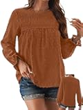 Womens Boho Tops Long Sleeve Shirts For Women Cute Crewneck Blouse Dressy Casual Swiss Dot Crochet Hollow Top 2026