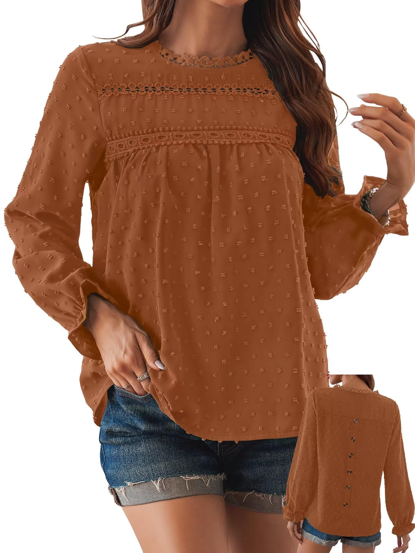 Falechay Womens Boho Tops Long Sleeve Shirts for Women Cute Crewneck Blouse Dressy Casual Swiss Dot Crochet Hollow Top 2026