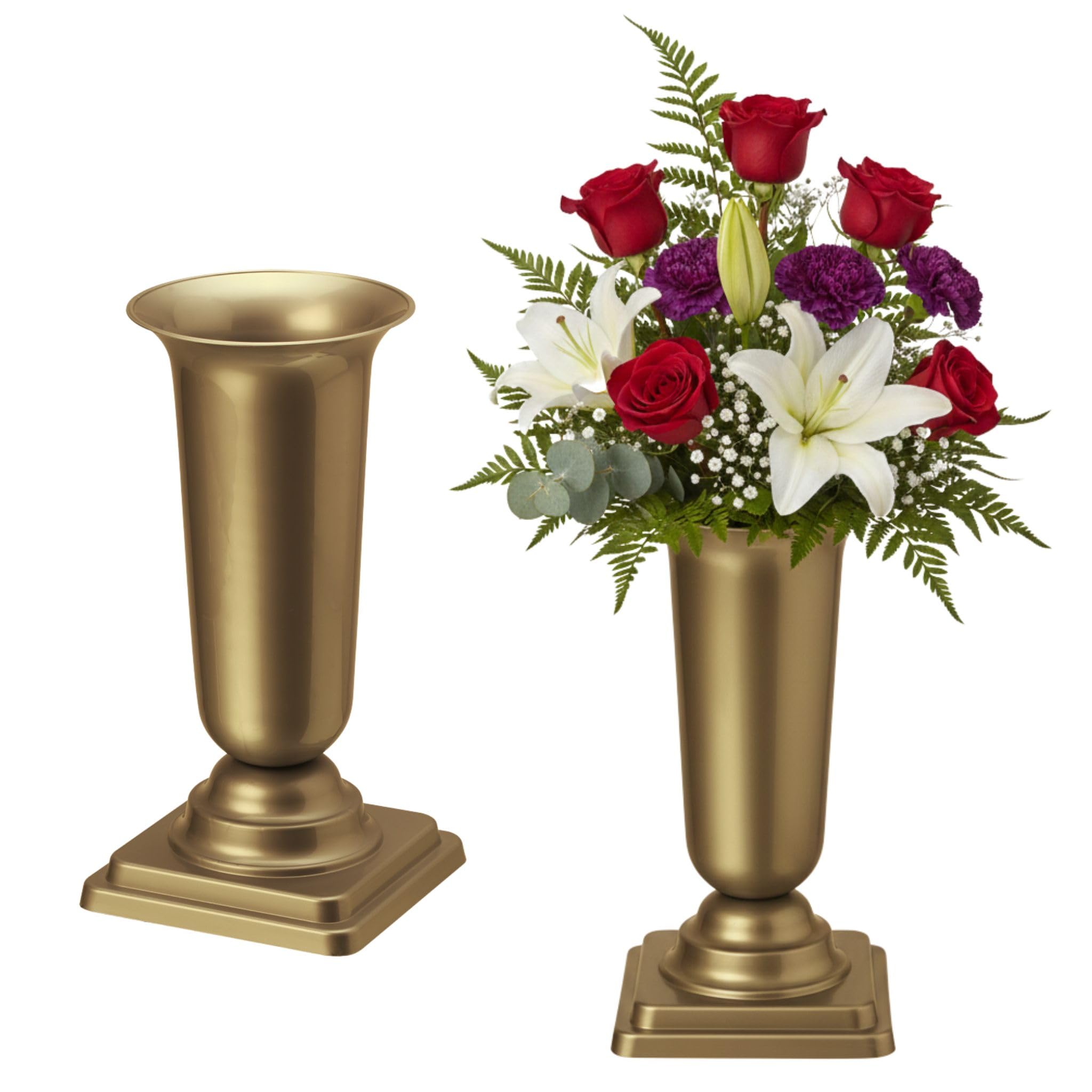 matches21 HOME & HOBBY Wetterfeste Grabvasen mit Sockel 40 cm Gold - 2 Friedhofsvasen zum Hinstellen als Grabschmuck
