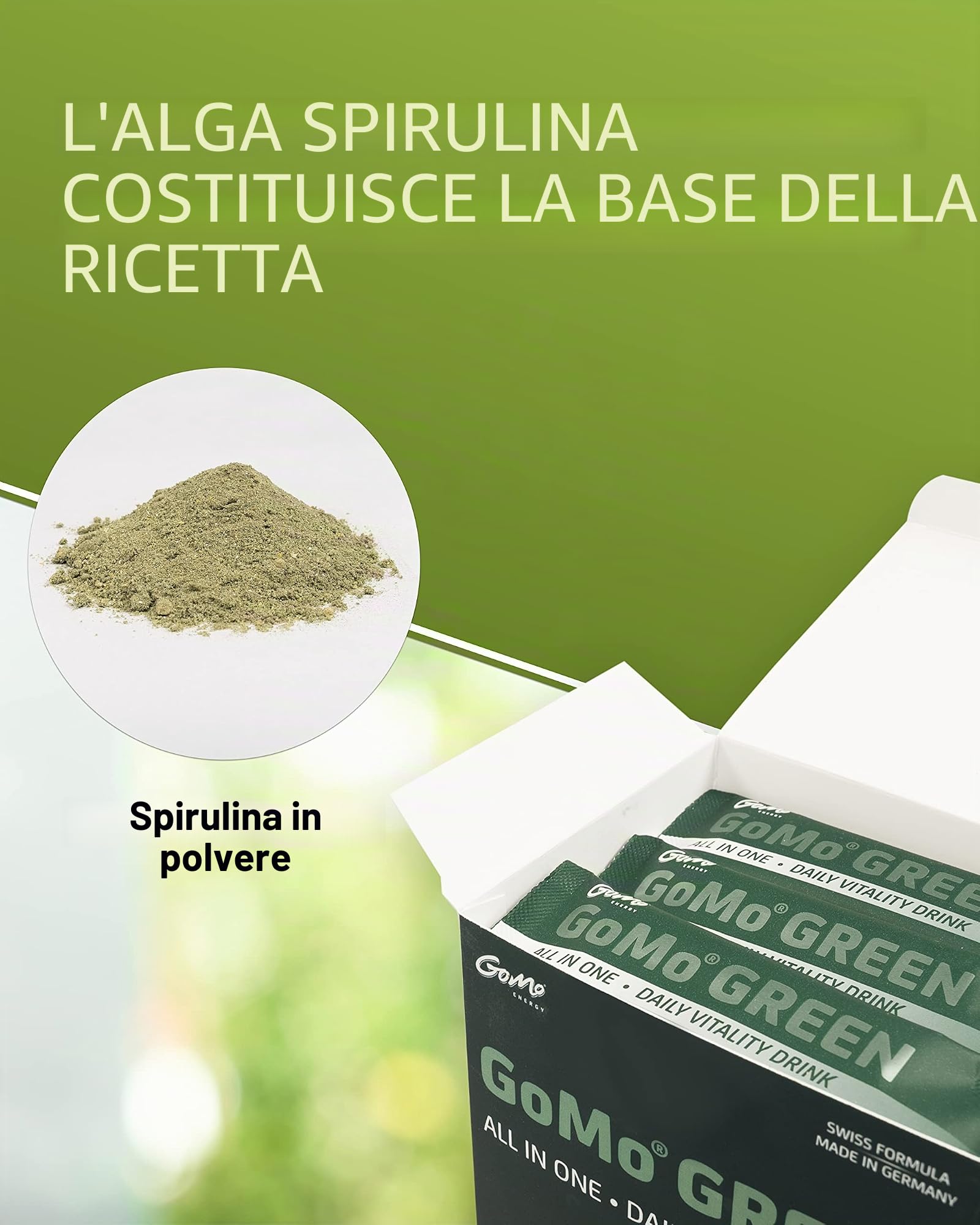GoMo® GREEN | All in One – Daily Vitality Drink con Spirulina dall'Austria | Per migliorare le prestazioni e la concentrazione I la tua energia green quotidiana made in Germany | 30 porzioni