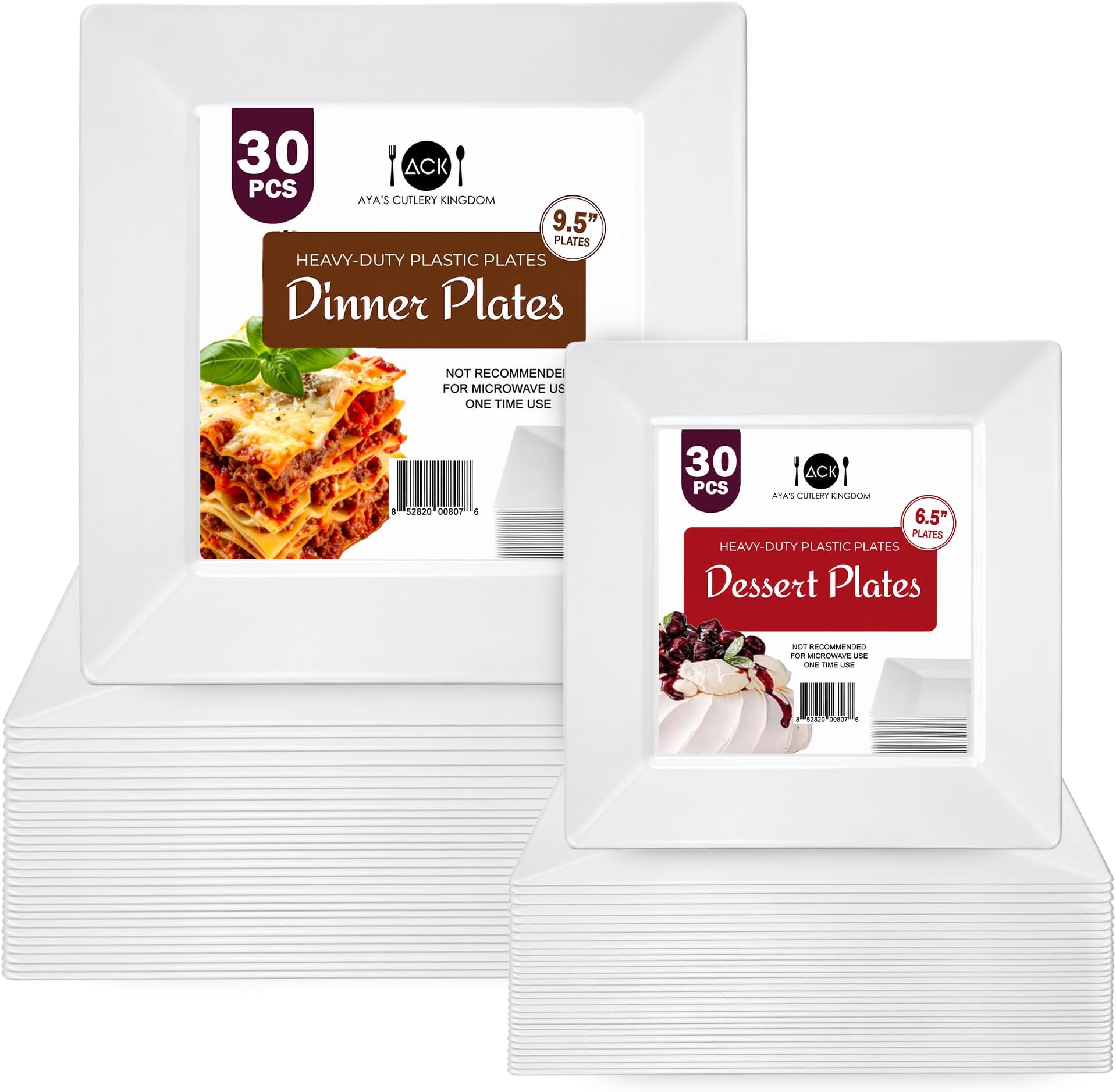 Aya's 60ct Square Plastic Disposable Plates, White - 9.5-Inch 30 Dinner and 6.5-Inch 30 Salad Plates for Party - Heavy-Duty Hard Plastic Design for Wedding, Event, Christmas, and Thanksgiving