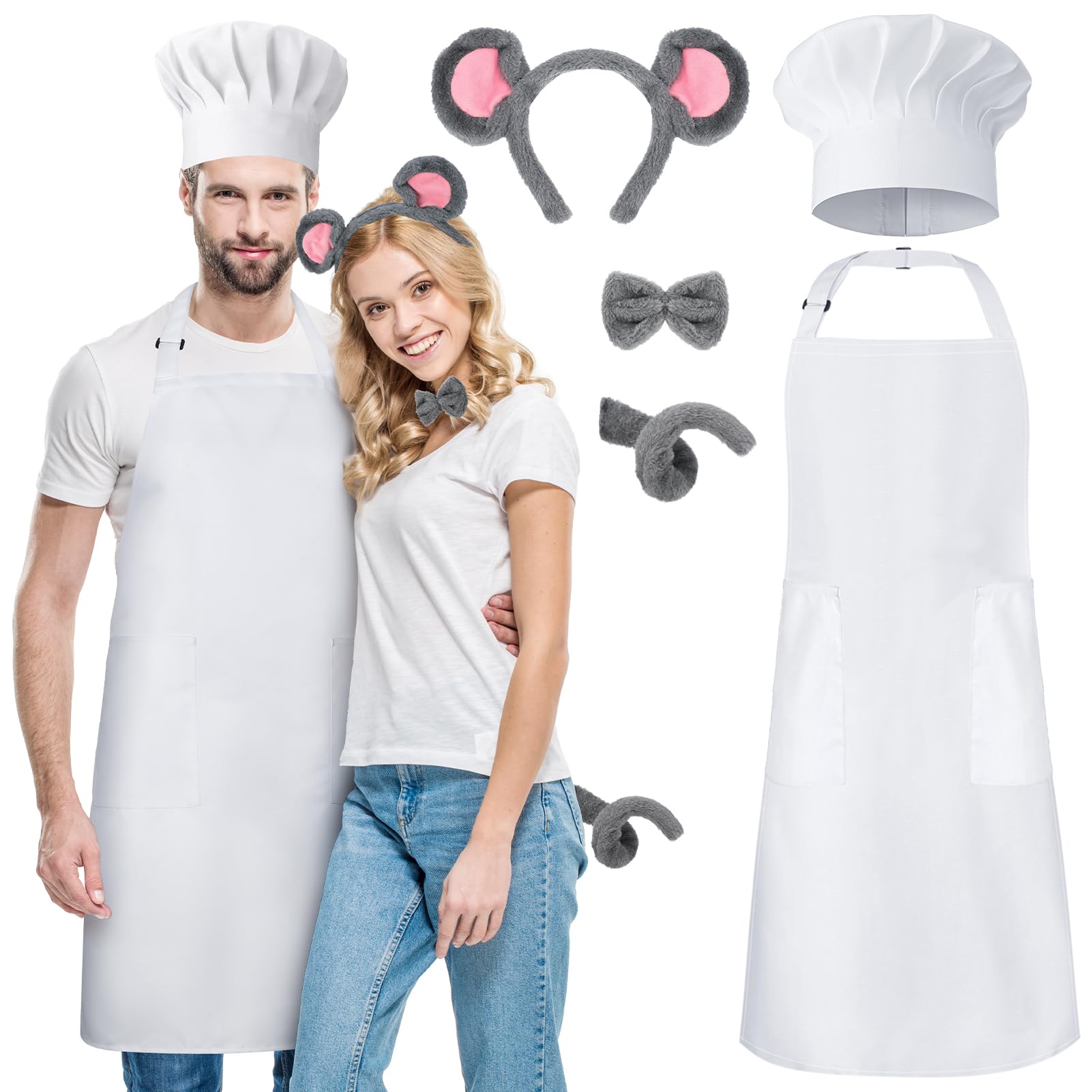 Delantal Gorro de cocinero Disfraz de ratatouille, disfraz de cocinero ajustable para hombre y mujer, delantal blanco para cocina