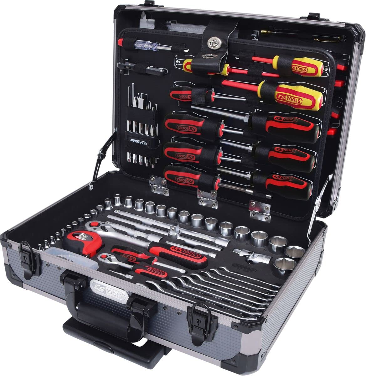 KS Tools 911.0630 jeu d'outils universel 1/4"+1/2", 130 pièces | Coffret de douilles et cliquets 1/4'' + 1/2'', 130 pcs, outillage professionnel, chrome vanadium