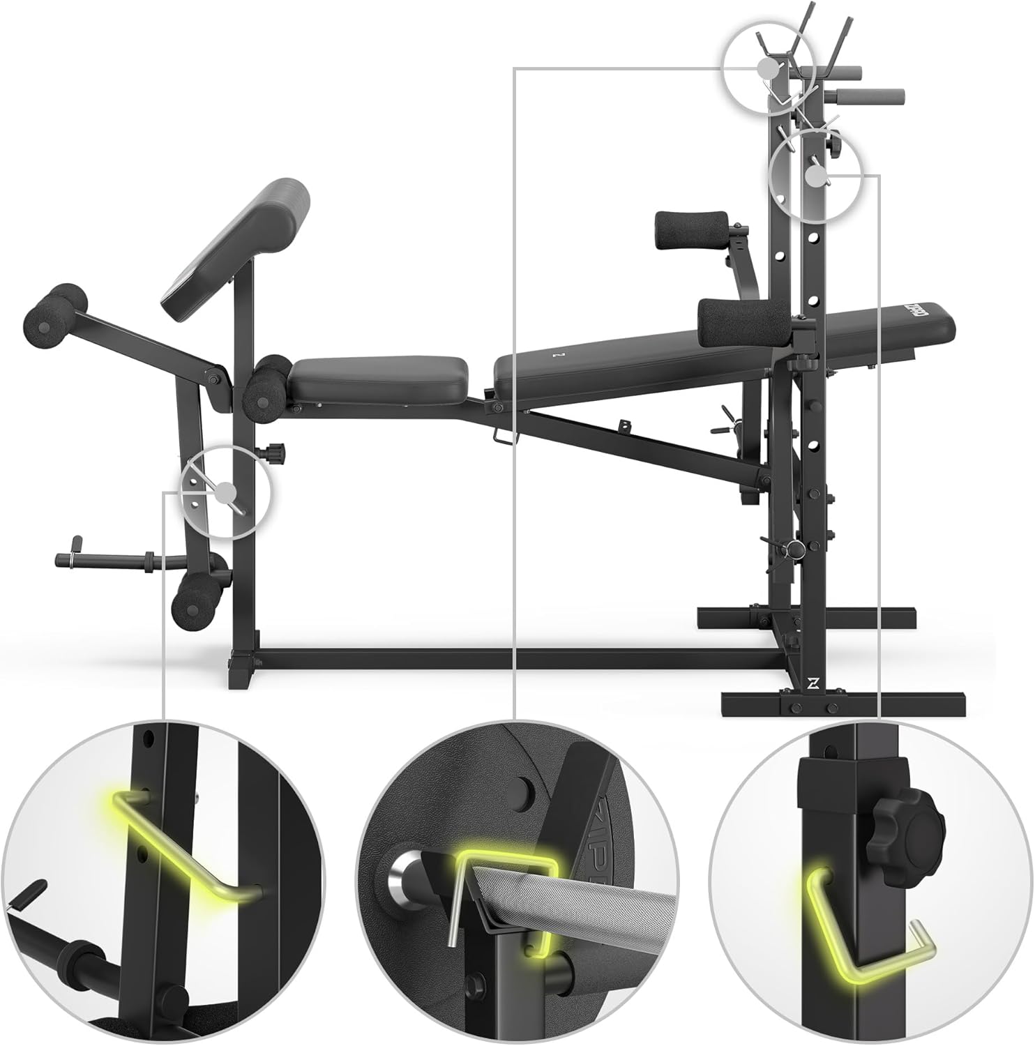 Assembly points and locking mechanisms of the weight bench