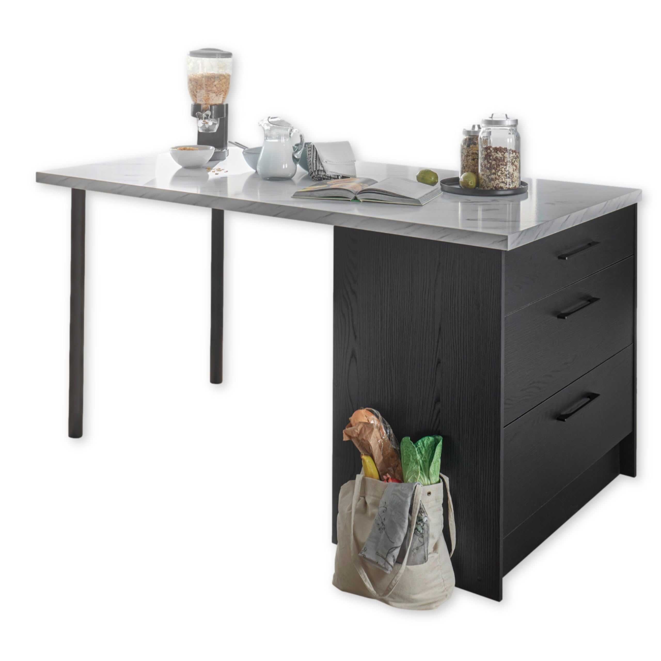 Stella Trading New York Moderna Independiente, Aspecto, Certificado FSC, espaciosa Isla de Cocina con encimera, Madera de ingeniería, Grafito Negro Mármol, Kücheninsel