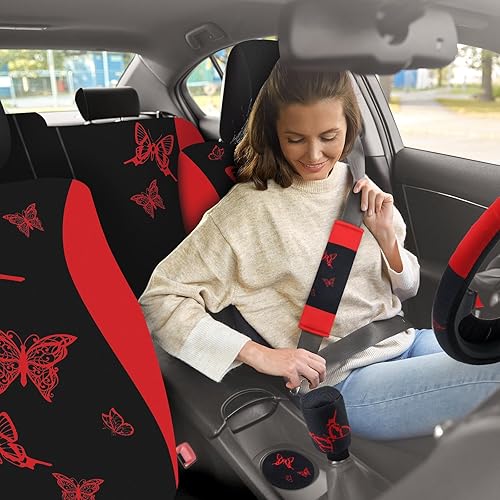 Miniatura 7 de BBTO Juego completo de 43 piezas de asiento de automóvil de mariposa para mujer, 5 fundas de asiento delantero y trasero, correa de muñeca, 2