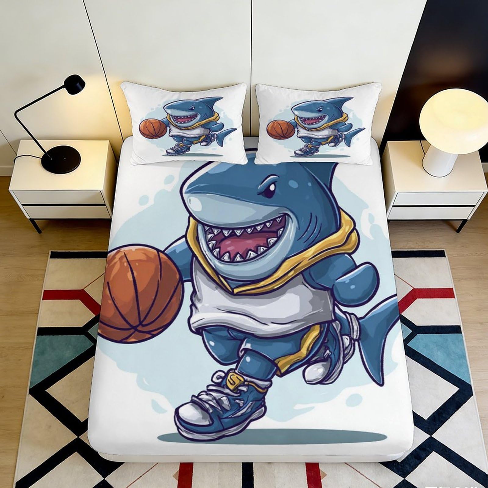 Decorative Shark Fitted Sheet 3D Printed Bed Cover, Microfiber Soft Touch, Home Bedroom, Apartment Bedding, Anti-Slip, Easy Care, chars 160x200x25cm