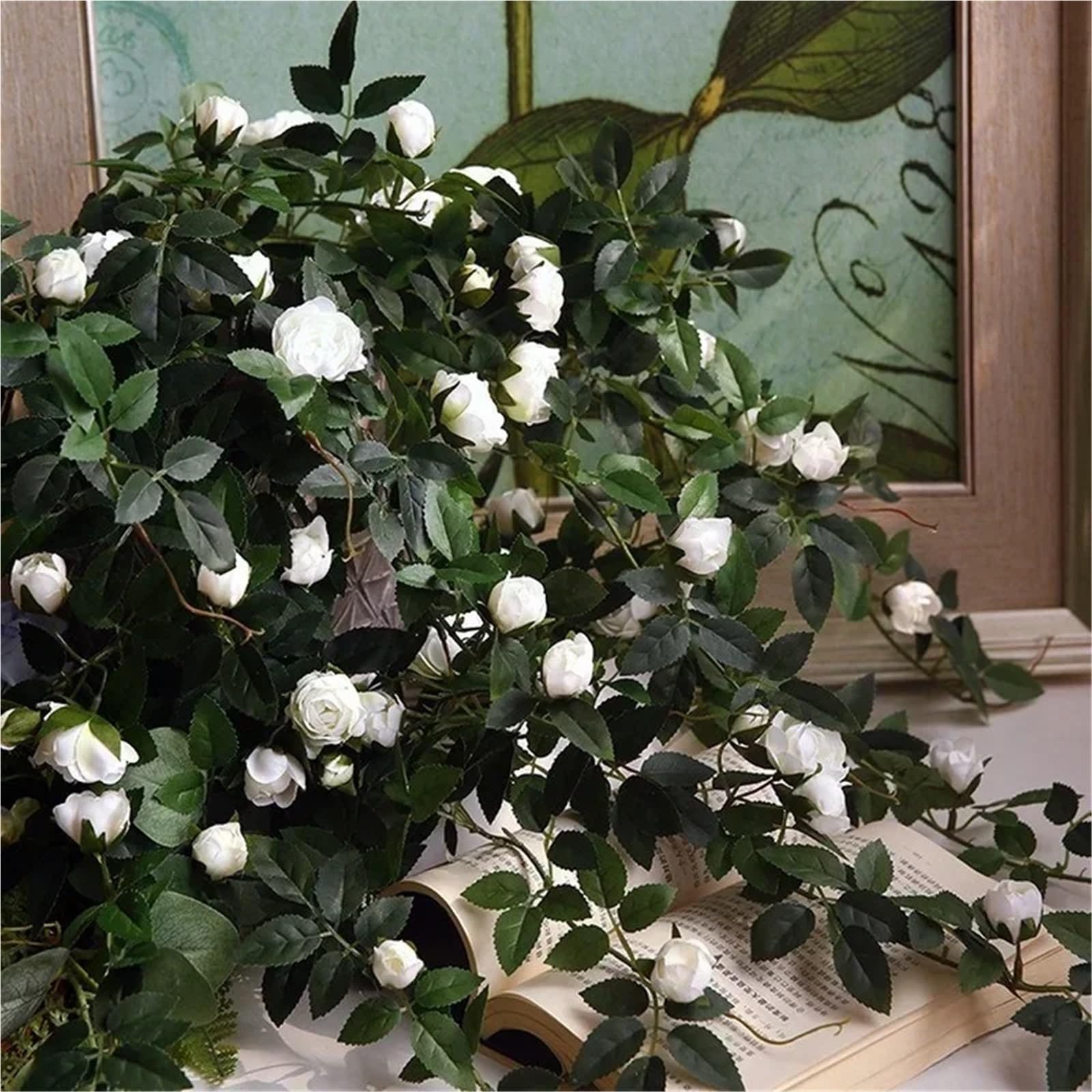 Künstliche Rosenranke Künstliche Hängepflanzen mit Rosenblüten | Blätter grüne Kette Wand Haus Zimmer Garten Hochzeit Girlande Außendekoration(Pink)