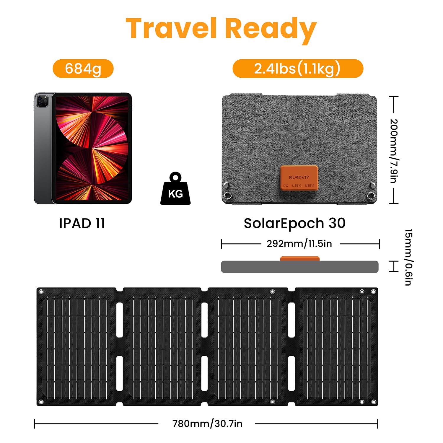 30W Solar Charger Panel - Foldable IP67 Waterproof With USB-A/USB-C/DC Output (Fast Charges Phones, Tablets)