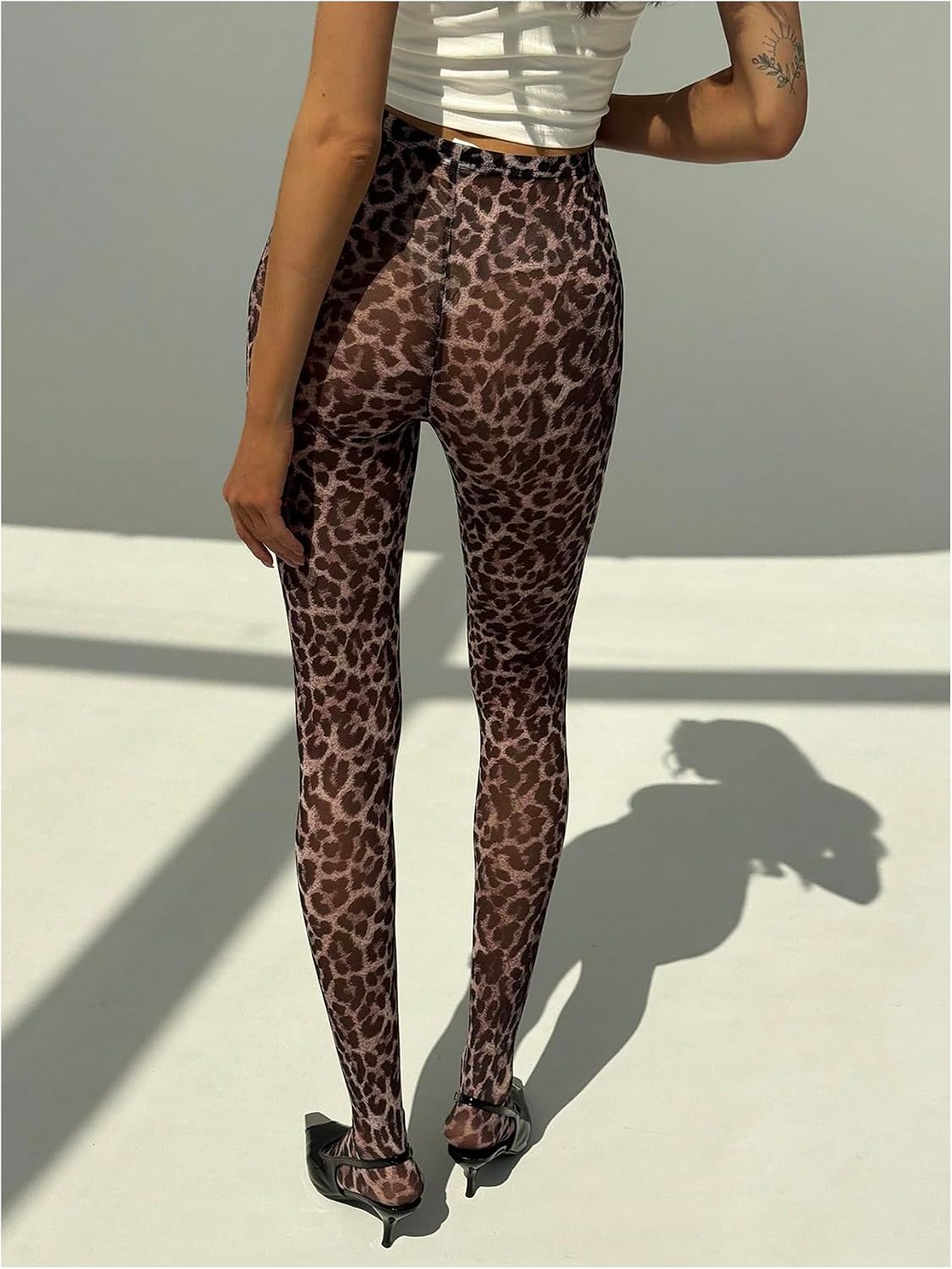 MakeMeChic Women's Leopard Print Tights Mesh High Waist Skinny Pants Y2K Leggings