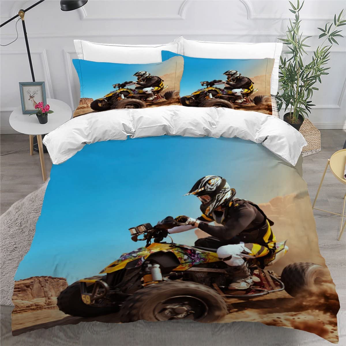 Housse De Couette Enfant Imprimée Karting - Taies D'oreiller Incluses - Taille Double 200x200 Cm - Coton Tencel - Lavable Machine