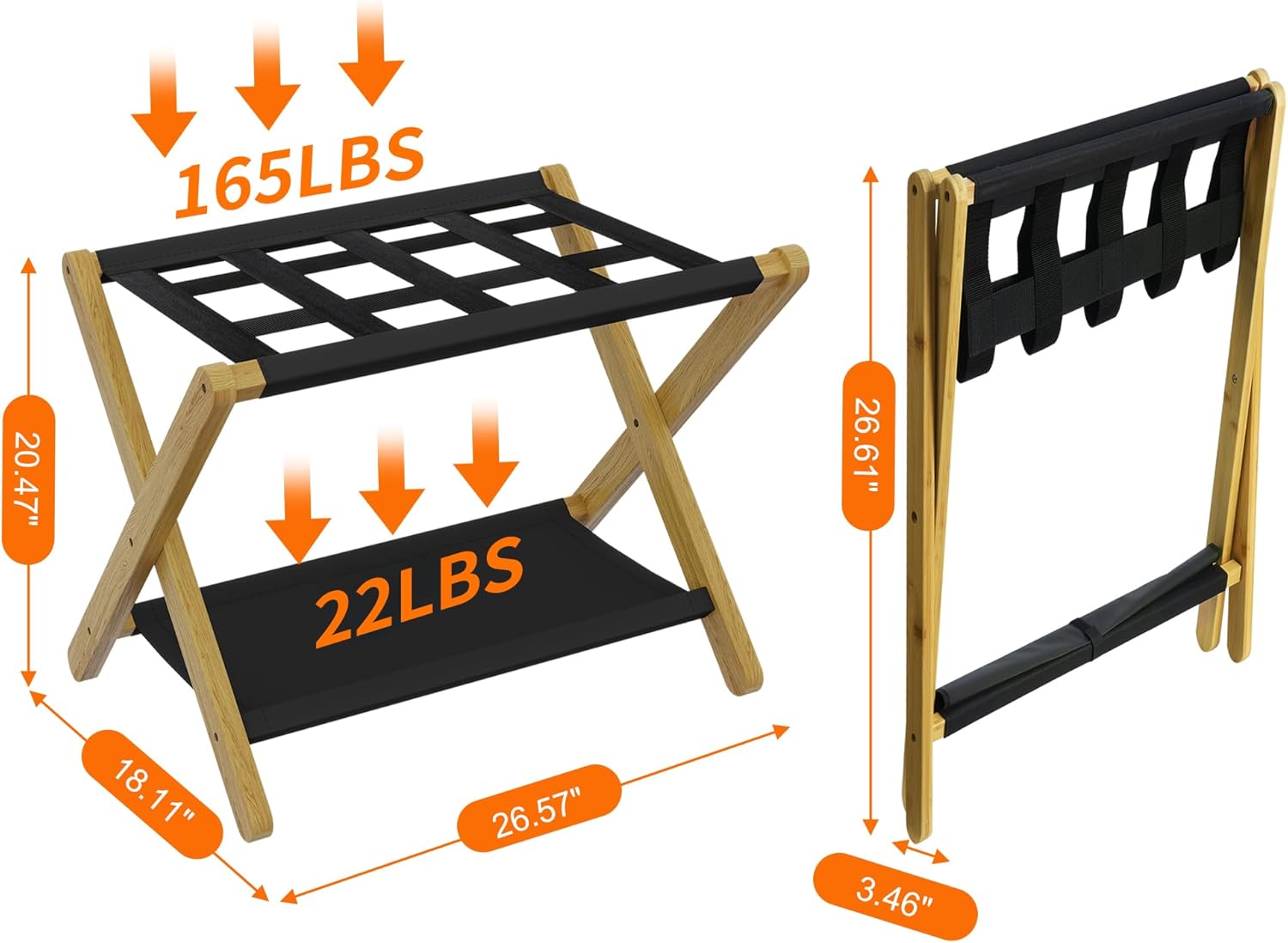 Heybly Luggage Rack, Folding Suitcase Stand with Storage Shelf, Heavy-Duty Luggage Holder for Guest Room Bedroom Hotel, Holds up to 141 lb, Natural HLR010N1 1 Natural