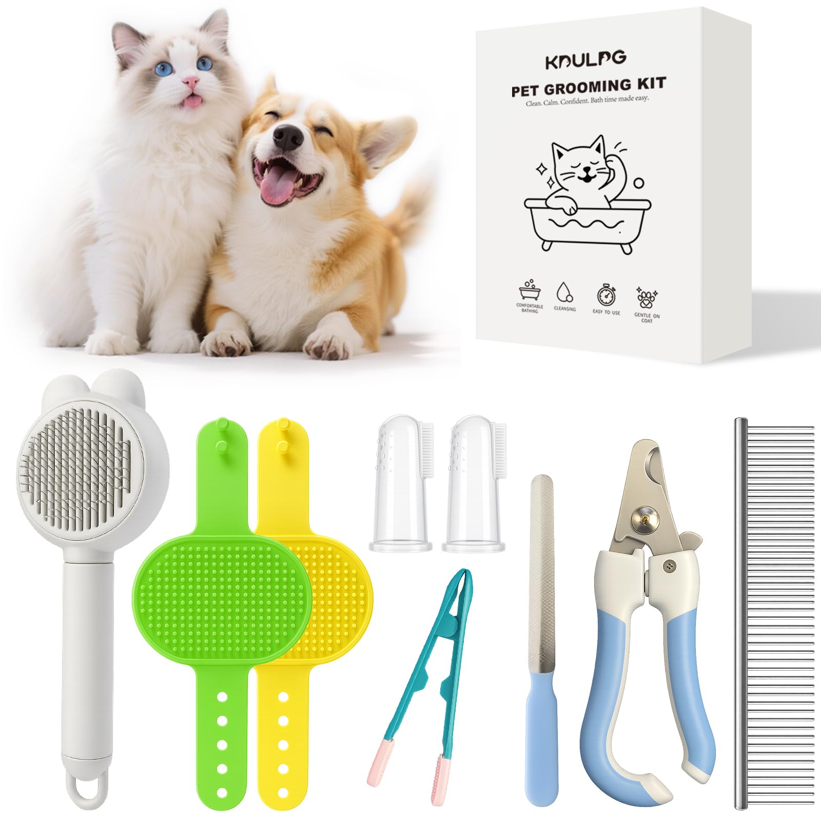 8-Piece Cat Grooming Kit, Includes Cat Brush, Nail Clippers & File, Flea Comb for Cats Pets Toothbrush