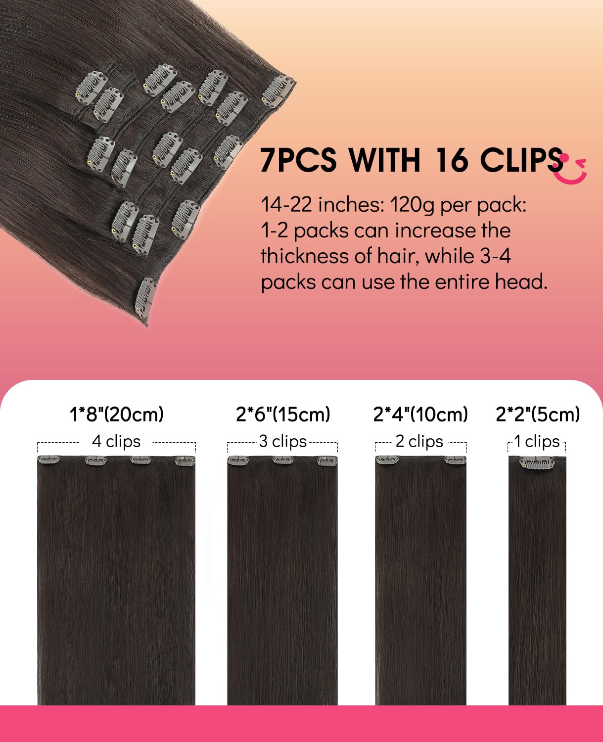 Youngsmile Extension a Clip Cheveux Naturel #2 Marron Foncé 120g 45cm 120g 7pcs Extension Cheveux Naturel Clip Cheveux Humains (#2-45cm)