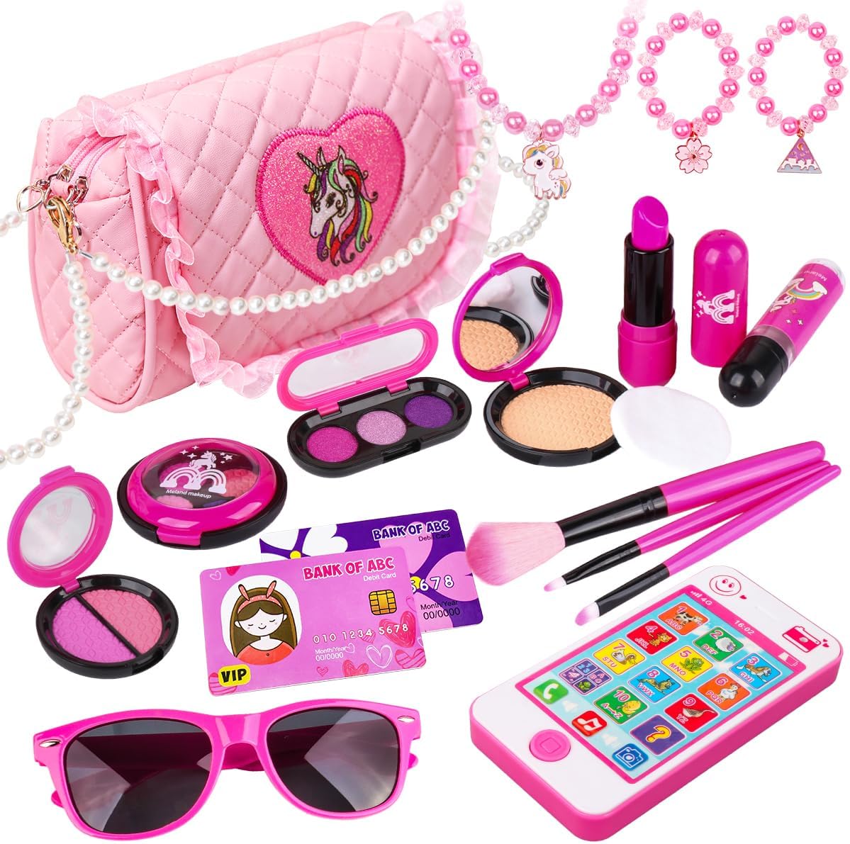 Meland Pretend Play Makeup Set 19pcs - Fake Cosmetic Toys Kit with Pink Purse, Smartphone, Sunglasses, Birthday Gift for Little Girls