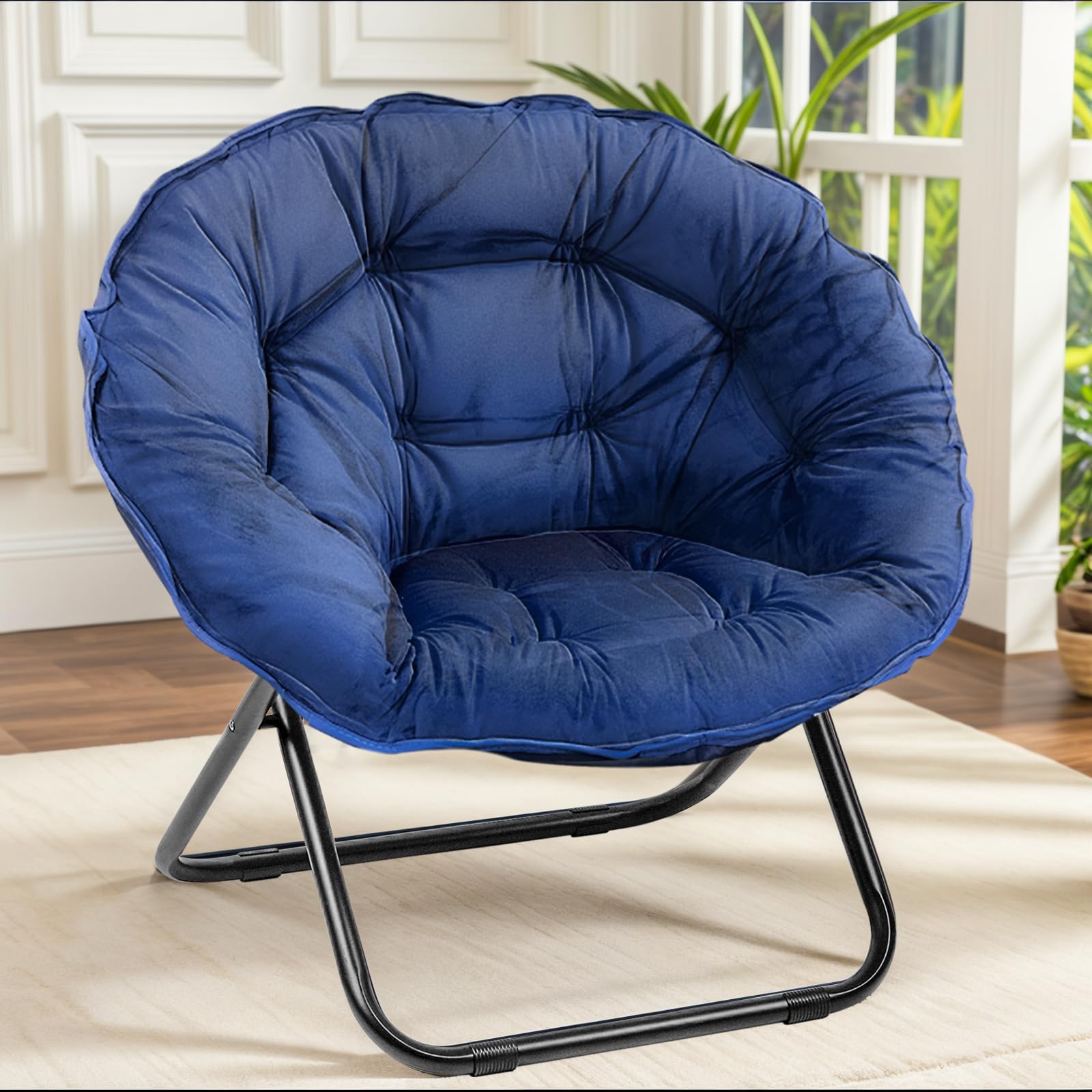 Grezone Folding Saucer Chair, Lazy Moon Chair with Metal Frame, Comfy Bedroom Chairs for Bedroom, Living Room, Study Navy