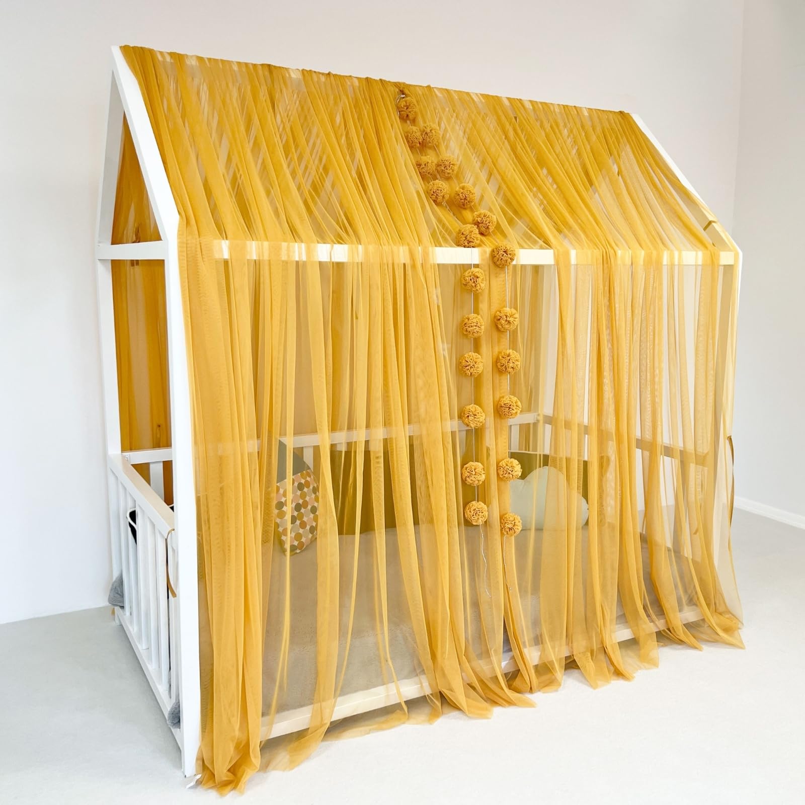 Tenda a baldacchino per letto della cameretta dei bambini, decorazione per letto montessori, tenda da gioco in morbido tulle per bambini (senape, 420 cm, set da 4)