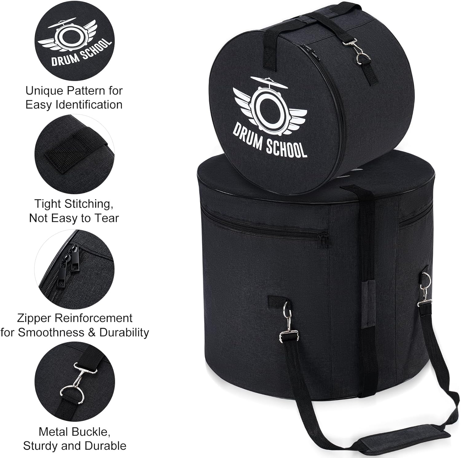 Drum Bags Set 7-pcs, Drum Soft Carrying Cases Set for 10" / 12" Tom, 14" Snare, 16" Floor Tom, 22'' * 18'' Bass, 22" Cymbal, Hardware Bag, Heavy Duty, Durable (Fusion 16)
