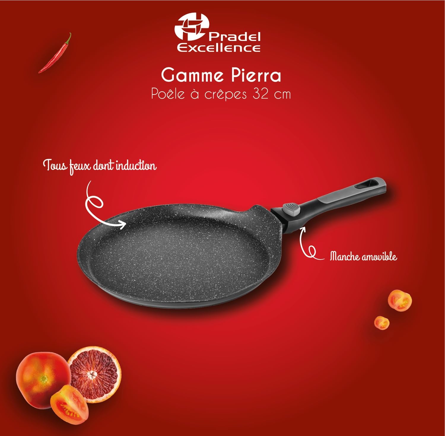 Pradel Excellence - PCUI002009 - Poêle à Crêpes en Aluminium Forgé Pierra Ø32cm - Revêtement Anti-Adhésif Façon Pierre - Manche Amovible - Tout Feu, Induction, Noir