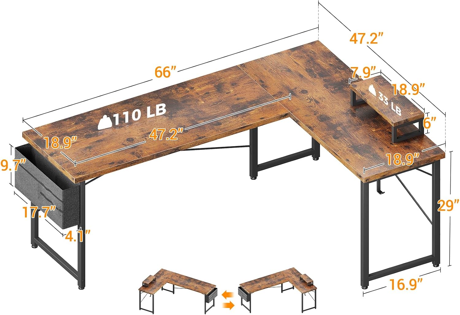 Diagram showing the dimensions of the ODK L Shaped Desk and weight capacities.