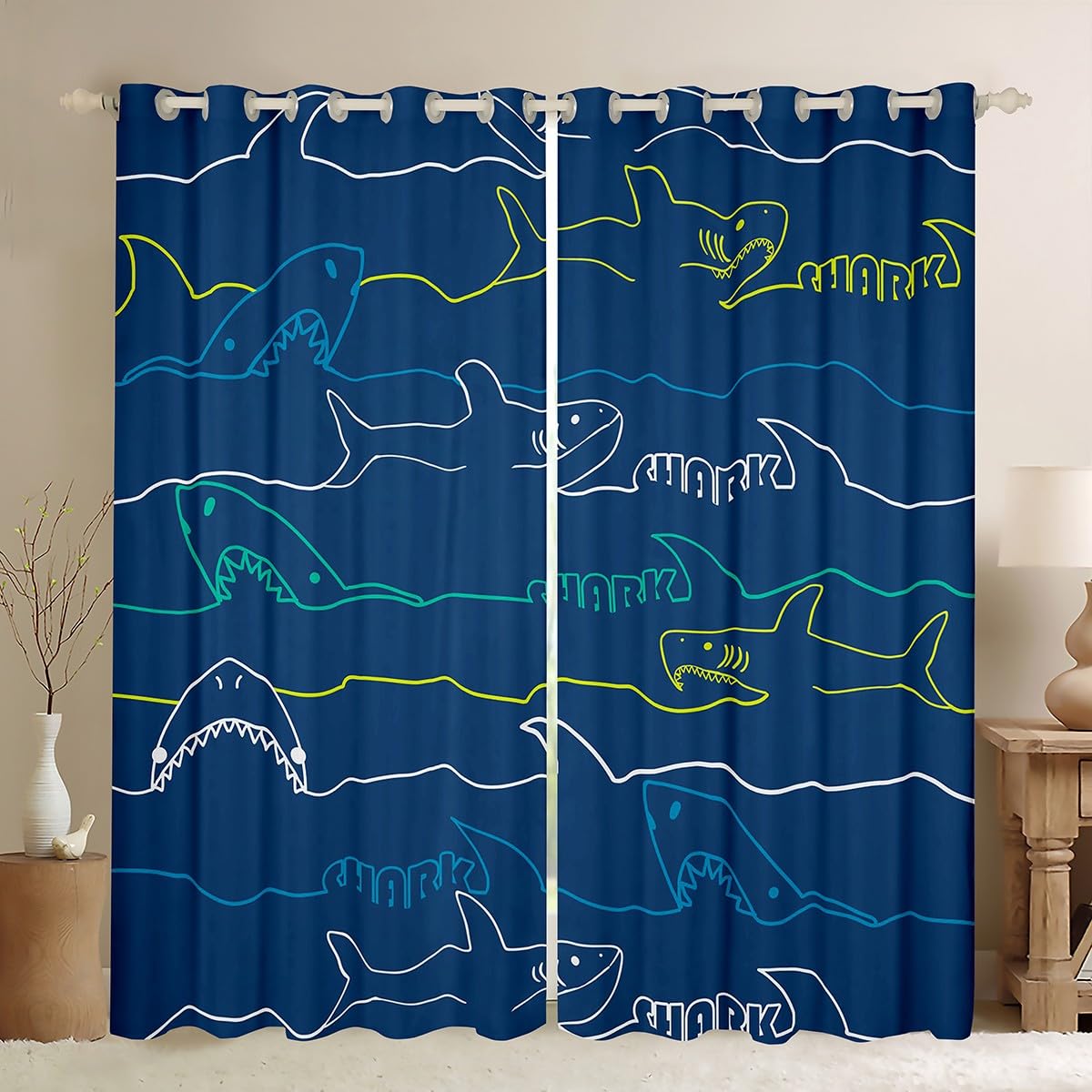 Castle Fairy Shark Printed Curtains,Sea Animals Window Curtains for Boys Girls Teens,Cartoon Shark Window Treatment Curtains Home Decor,Sharks Lines Darkening Drapes for Living Room Bedroom,38Wx54L