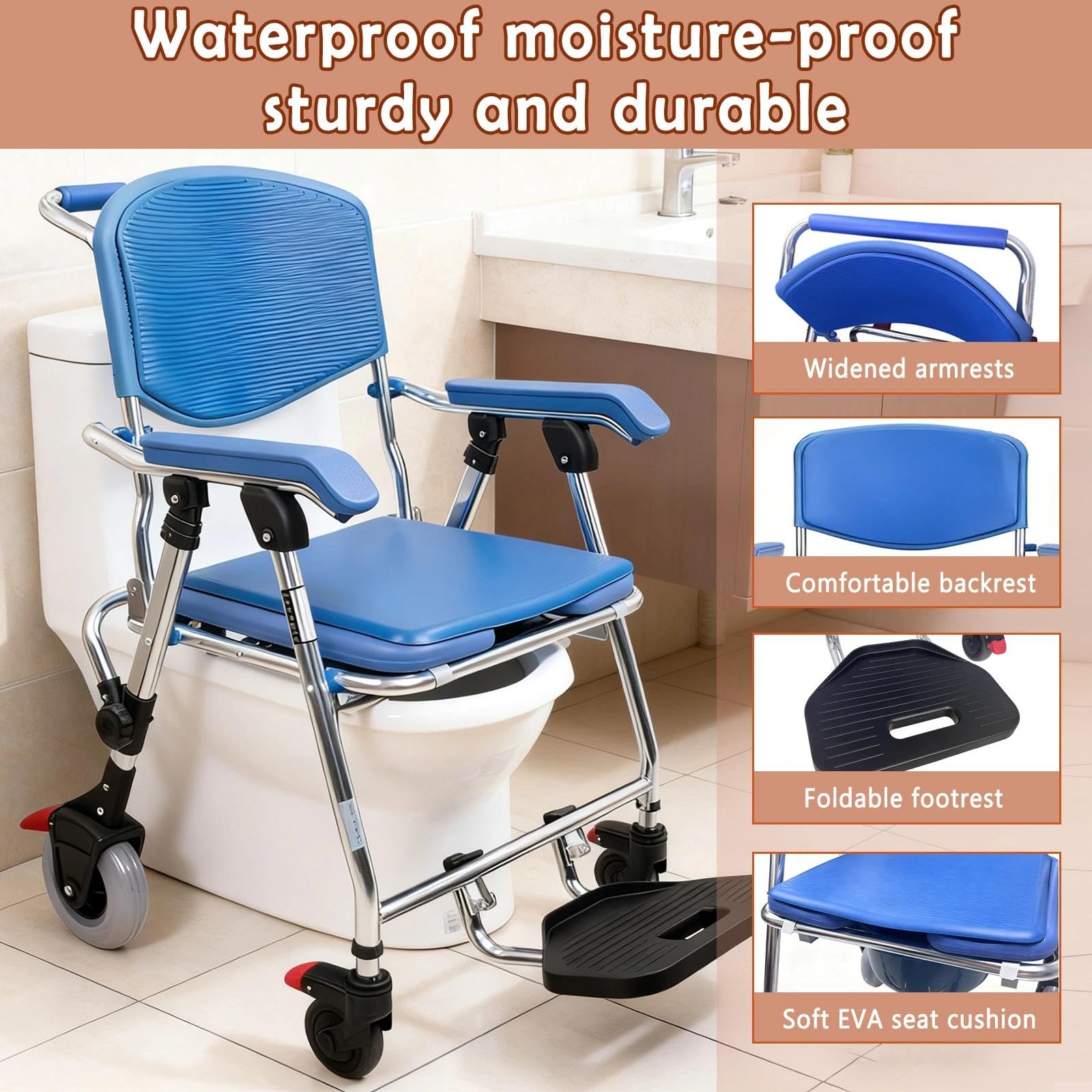 Silla Ducha WC con Ruedas Plegable, 4 en 1 Silla para WC y Ducha para Enfermos, Ancianos, Discapacitados y Embarazadas, Silla para Ducha para Personas Mayores con Ruedas Soporta hasta 150 kg