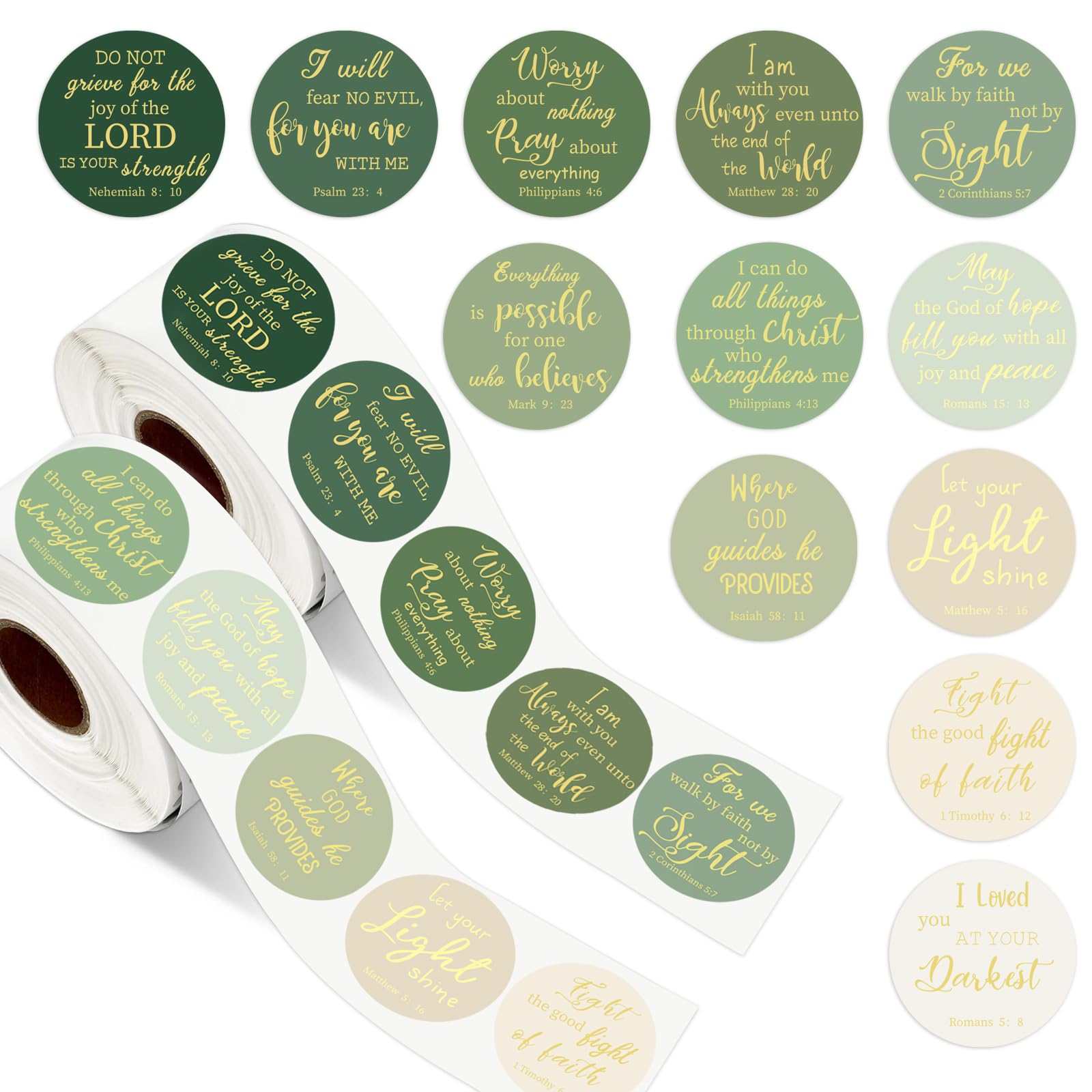 JarThenaAMCS 1000Pcs Jesus Faith Stickers Sage Green Gold Foil Bible Verse Decals 12 Designs Inspirational Scripture Adhesive Sealing Labels for