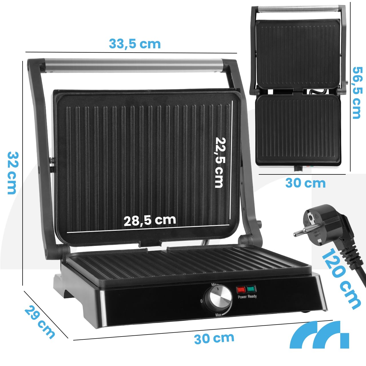 MalTec Kontaktgrill - Einstellbare Temperatur 180° aufklappbar. Große Grillfläche und hohe Power-Leistung. Teflonplatten verhindern das Anhaften und Fettauffangschale