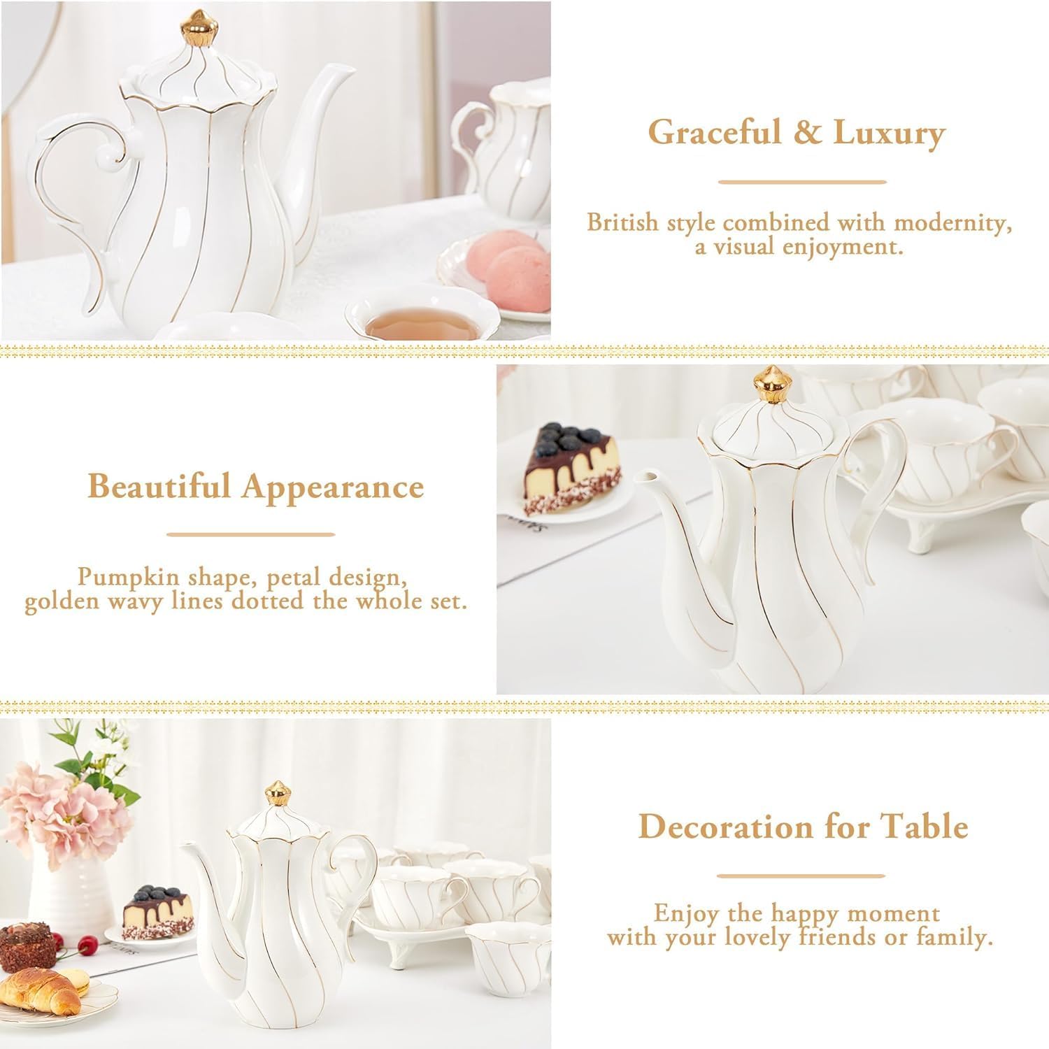 DUJUST British Style Porcelain Teapot (40oz), Luxury Ceramic Teapot with Golden Trim, Food Grade Tea Pot with Built-in Filter, for Tea Party & Home Décor - White