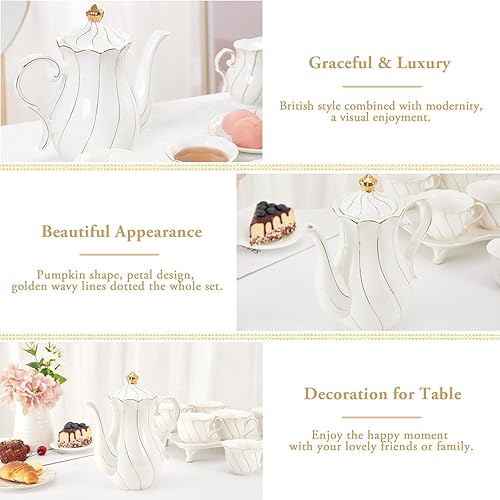 Miniatura 3 de DUJUST Tetera de porcelana de estilo británico (40 onzas), tetera de cerámica de lujo con borde dorado, tetera de grado alimenticio con filtro