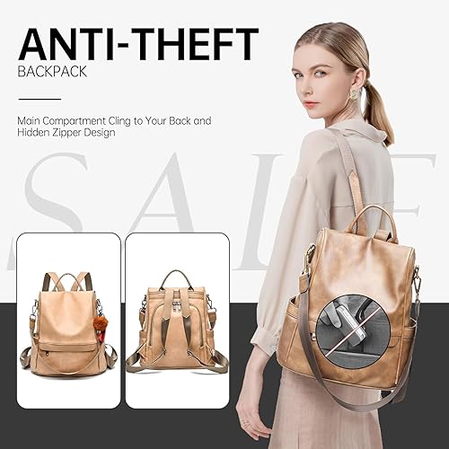 Miniatura 2 de Bolsa tipo mochila para mujer hecha de cuero sintético con función antirrobo informal y moderna para llevar en los hombros Bronceado, Azul oscuro,