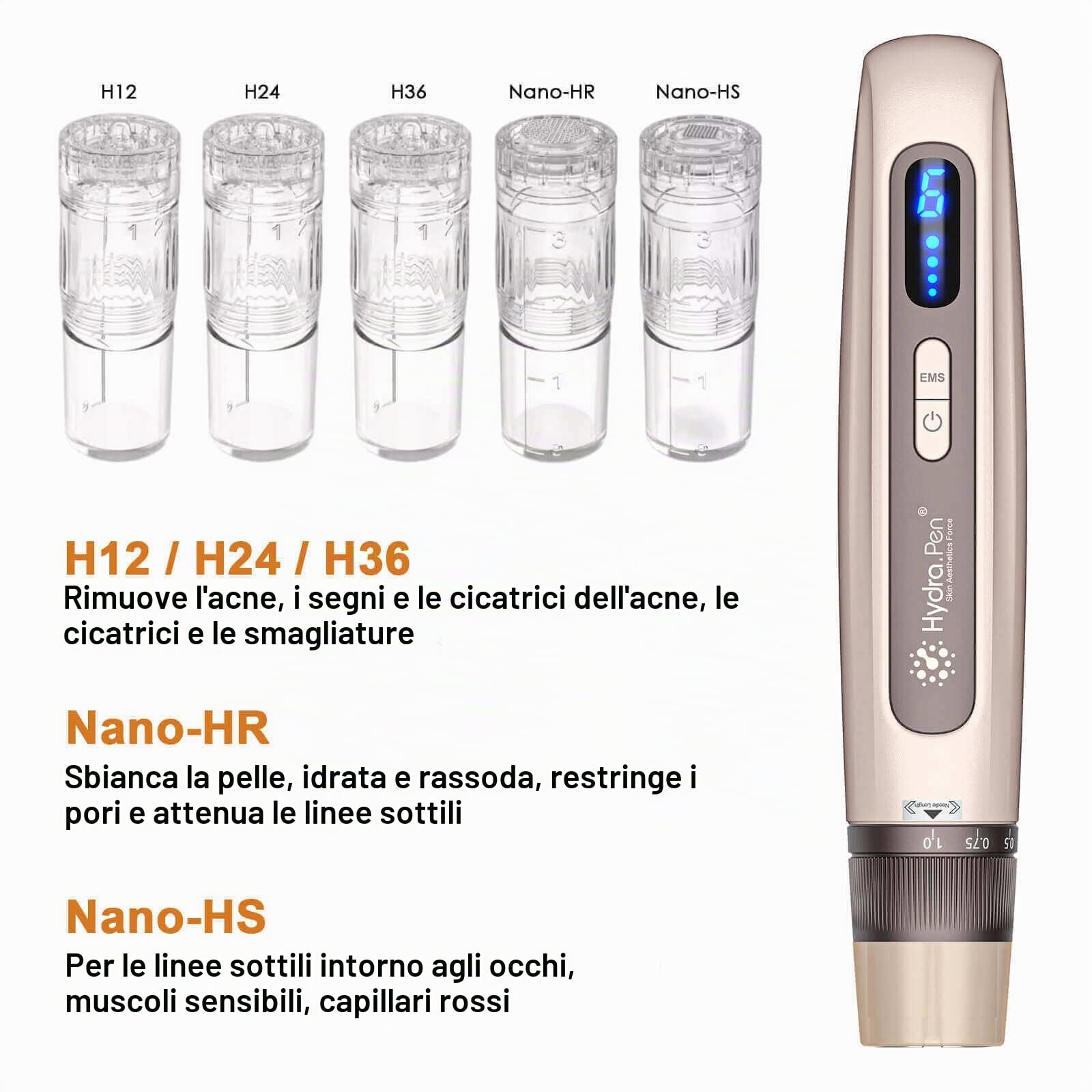 Hydra.Pen H5 Gold - Set di dispositivi di bellezza wireless con 22 cartucce (12 × NanoR e 10 × 12 pin), tecnologia EMS, 6 velocità regolabili, display a LED, tipo C, strumento per la cura del viso e