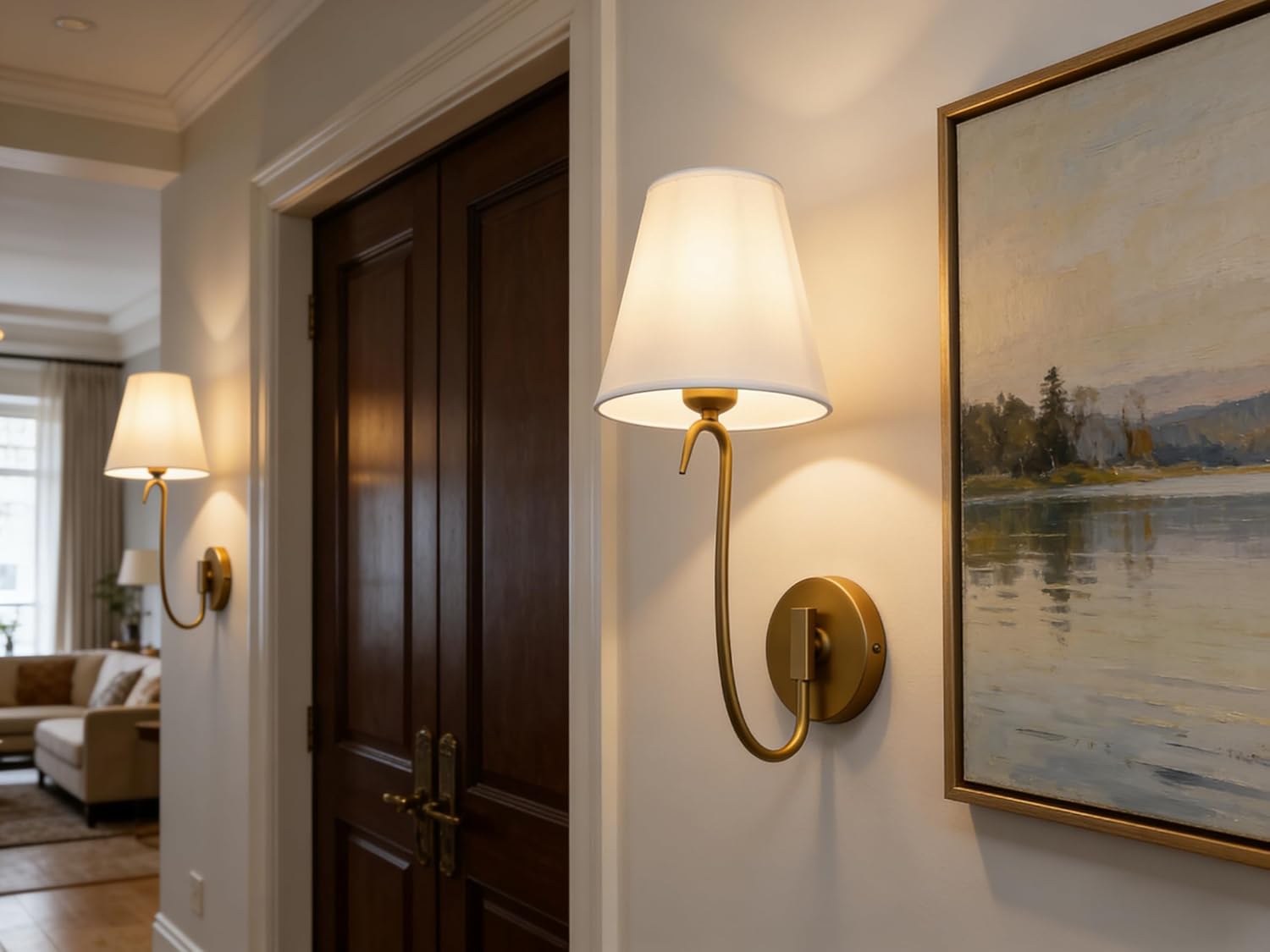 PERMO Antique Wall Sconce with White Fabric Shade Hardwired Wall Light Goose-Neck Design Scocnes for Bedroom, Living Room, Hallway