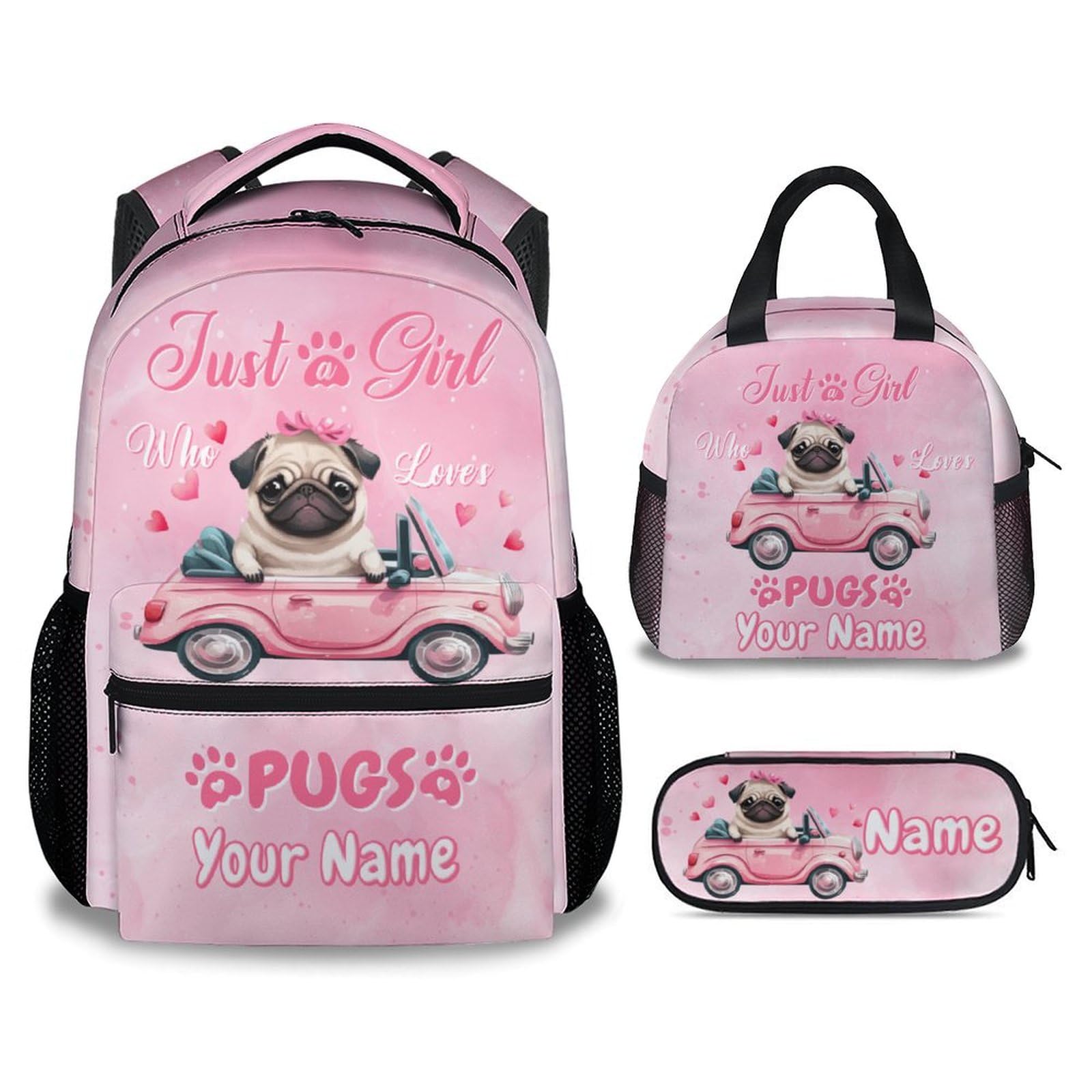 UNIKITTY Backpack for Girls - Personalized Kids Bookbag with Lunch Box - Pug Backpack with Name - 17 Inch Custom Toddler Schoolbag for Kindergarten