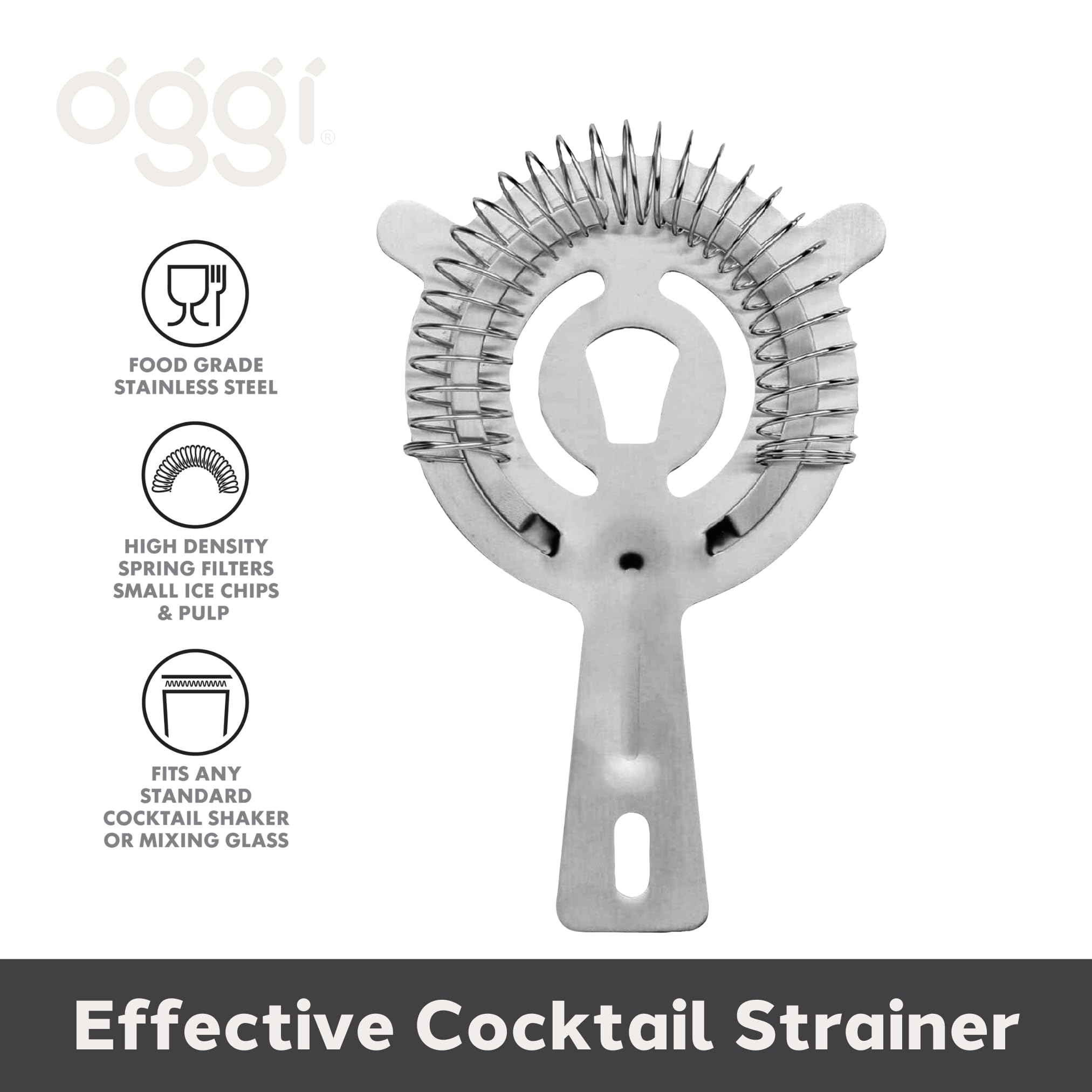 OGGI Hawthorne Strainer, Stainless Steel Strainer for Cocktails, Drink Strainer, Bar Strainer Professional 2 Prong Strainer with Wire Spring