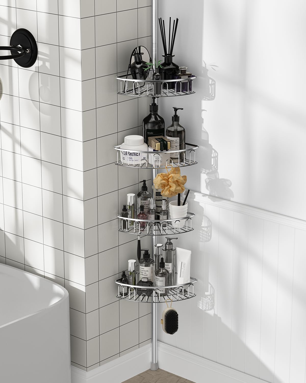 Corner Shower Caddy Tension Pole: Aluminum Shower Caddy Rod with Stainless Steel 4 Adjustable Rustproof Shelves Organizer for Bathroom, 47-121 inch, No Drilling, Quick Installation, Heavy Duty
