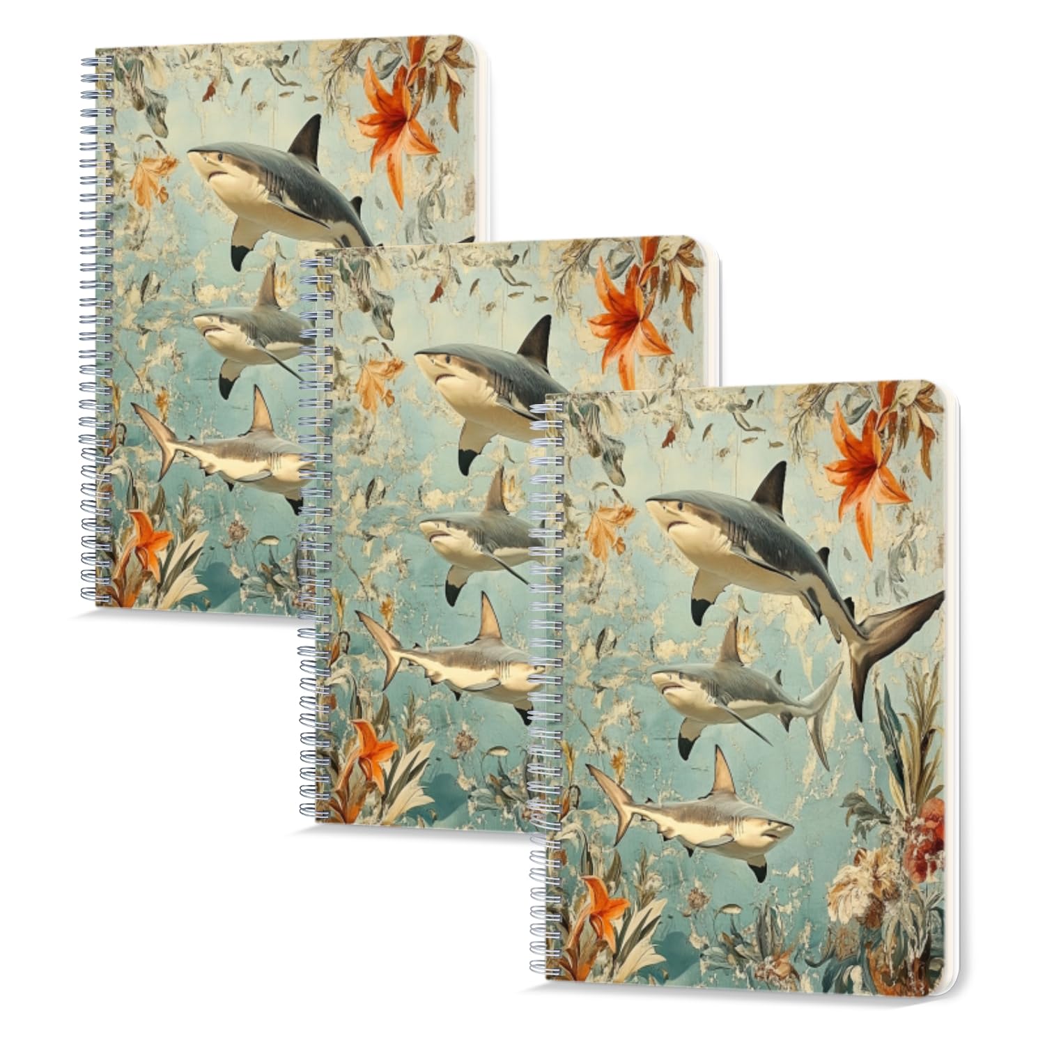 Lined Spiral Notebook,100 Pages,5.71x 8.26 inches Double-Wire Spiral Journal Notebook for Study and Notes Gorgeous Floral - Shark Fusion