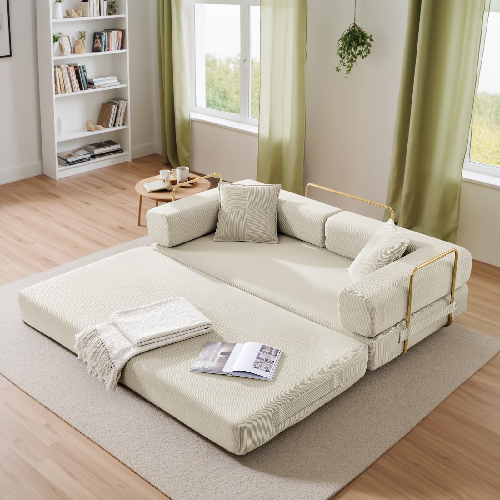Antetek 78 Convertible Futon Sofa Bed 3-Seater Modern Corduroy Foam Floor King Size Bed Foldable Sleeper Lounge Loveseat