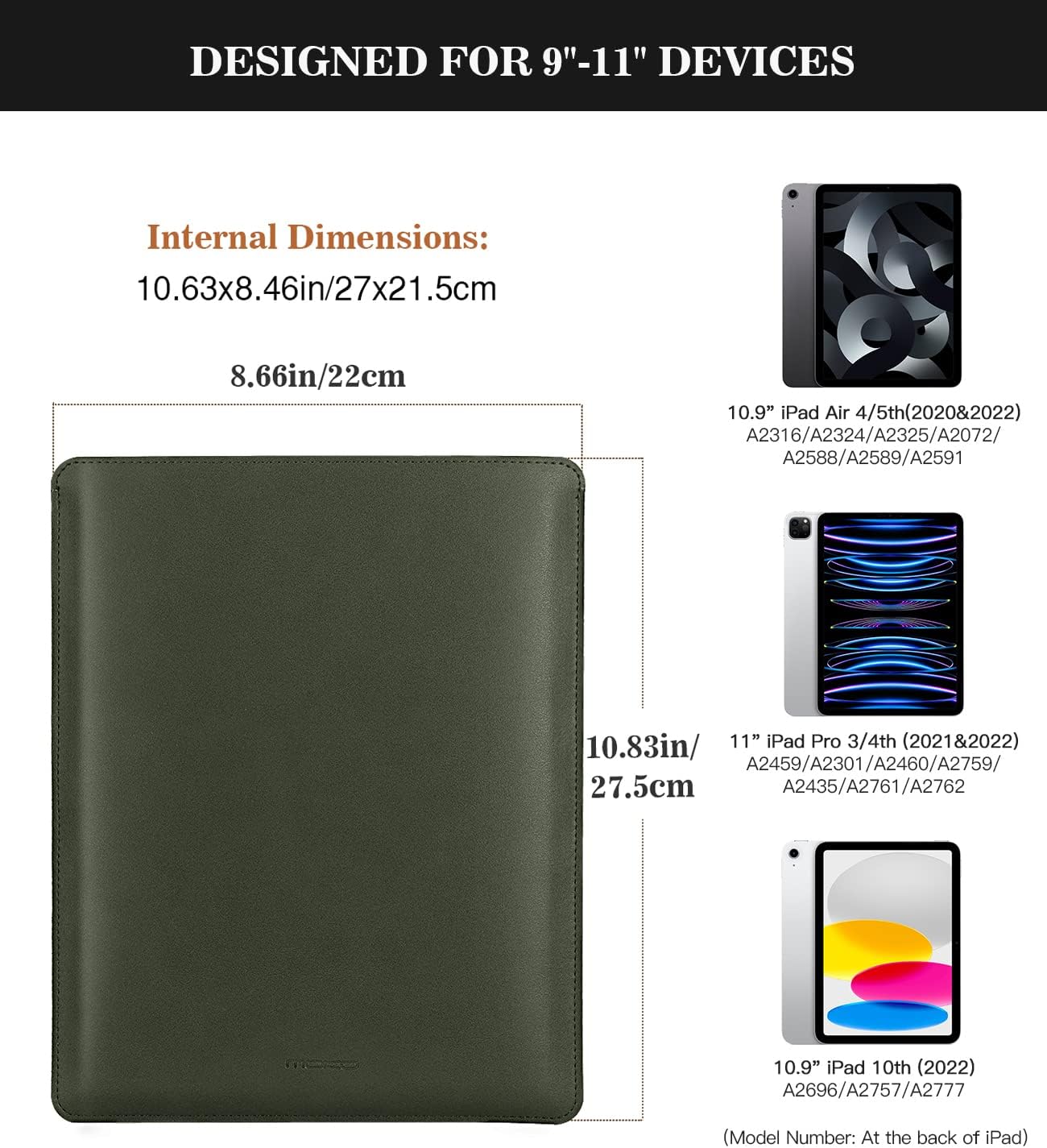 MoKo 9-11 Inch Tablet Sleeve, PU Leather Briefcase Slim Stylish Case Fits New 11-inch iPad Pro M4/Air M2 2024, Air 5/4th 10.9, 10th Gen 10.9, 9/8. Gen 10.2, Tab S8/S9 11, Midnight Green - Image 2