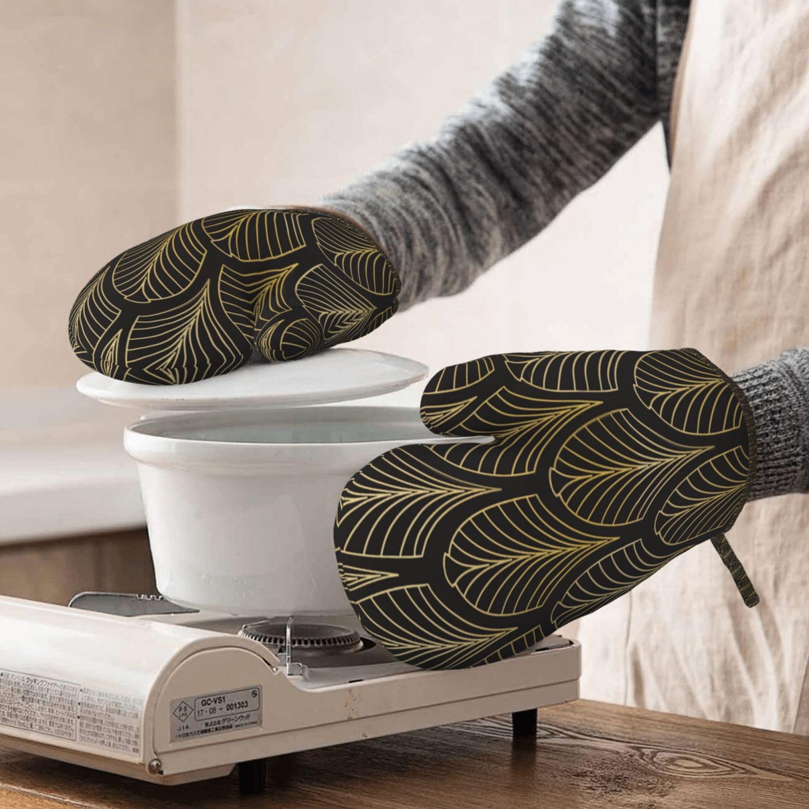 Set di quattro guanti da forno resistenti al calore, guanti da cucina antiscivolo, guanti da forno, stile Art Déco