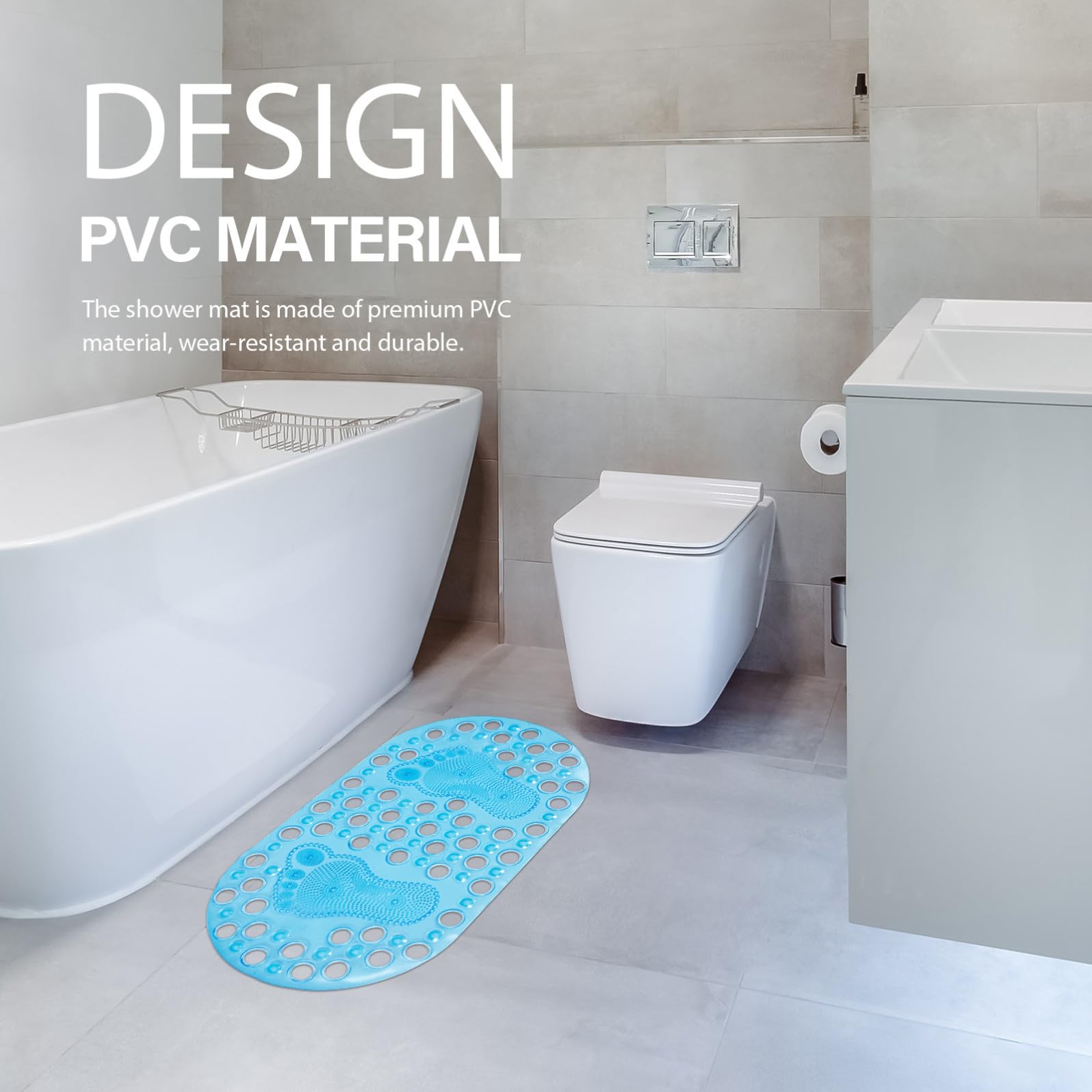 HOMSFOU Alfombrilla de Baño Antideslizante de 68x37 Cm, Transparente Azul, Diseño Masajeador en Forma de Pie para Ducha y Suelo, Almohadilla Práctica y Segura para Baño