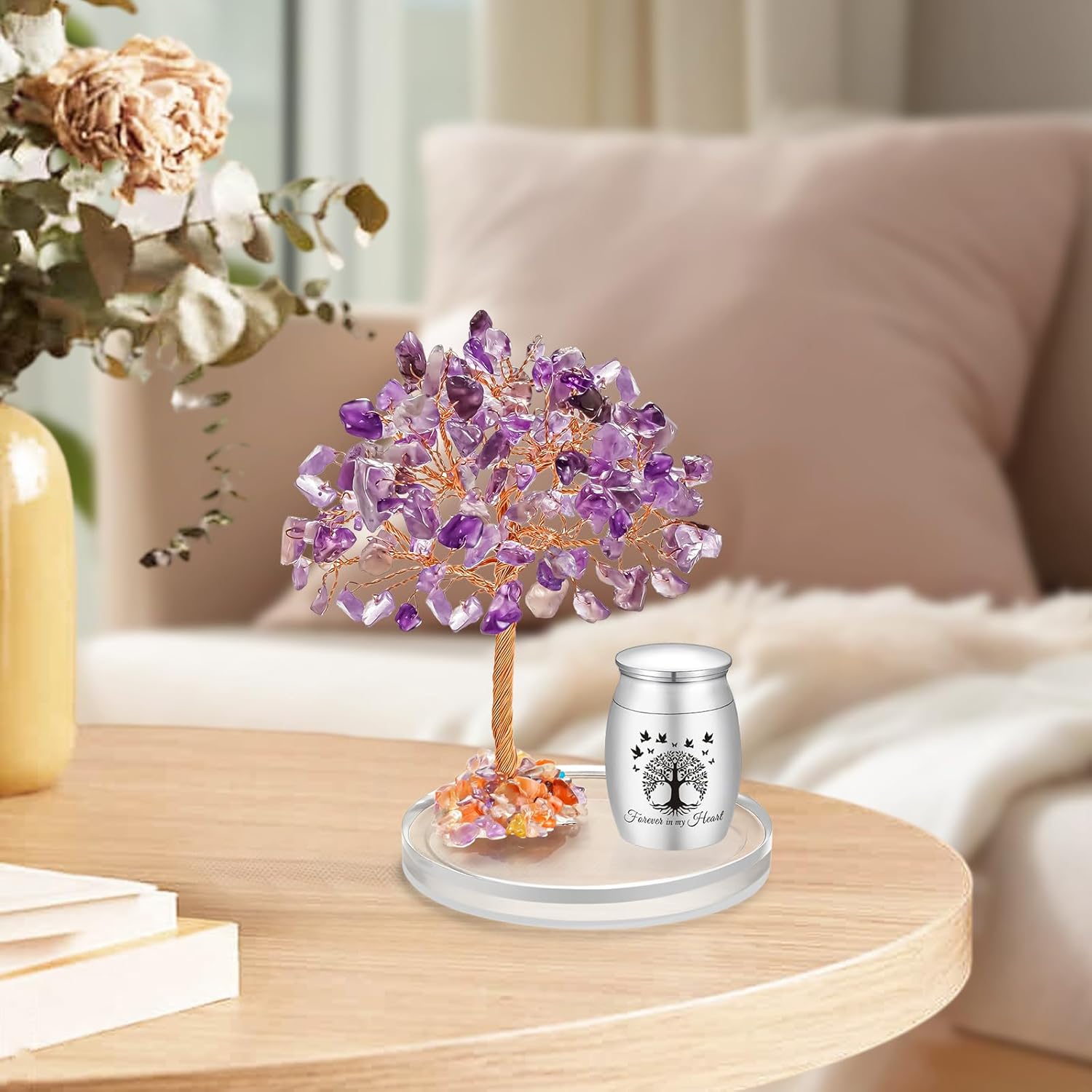 Abooxiu Small Urns for Human Ashes Cremation Keepsakes Urn Stainless Steel 1.57 inches Mini Urn for Human Ashes with Amethyst Crystal Tree Decorative Urn Tree of Life Cremations Ash Keepsake
